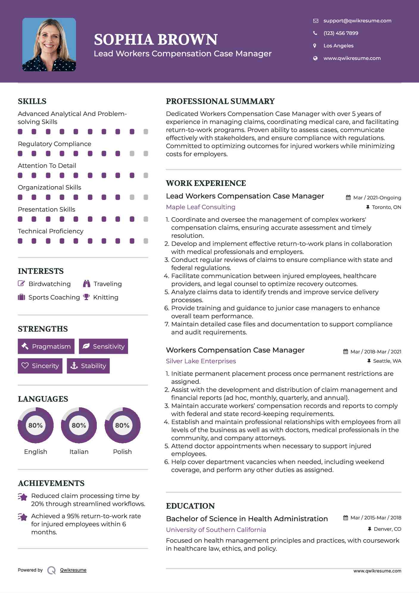 Lead Workers Compensation Case Manager Resume Sample