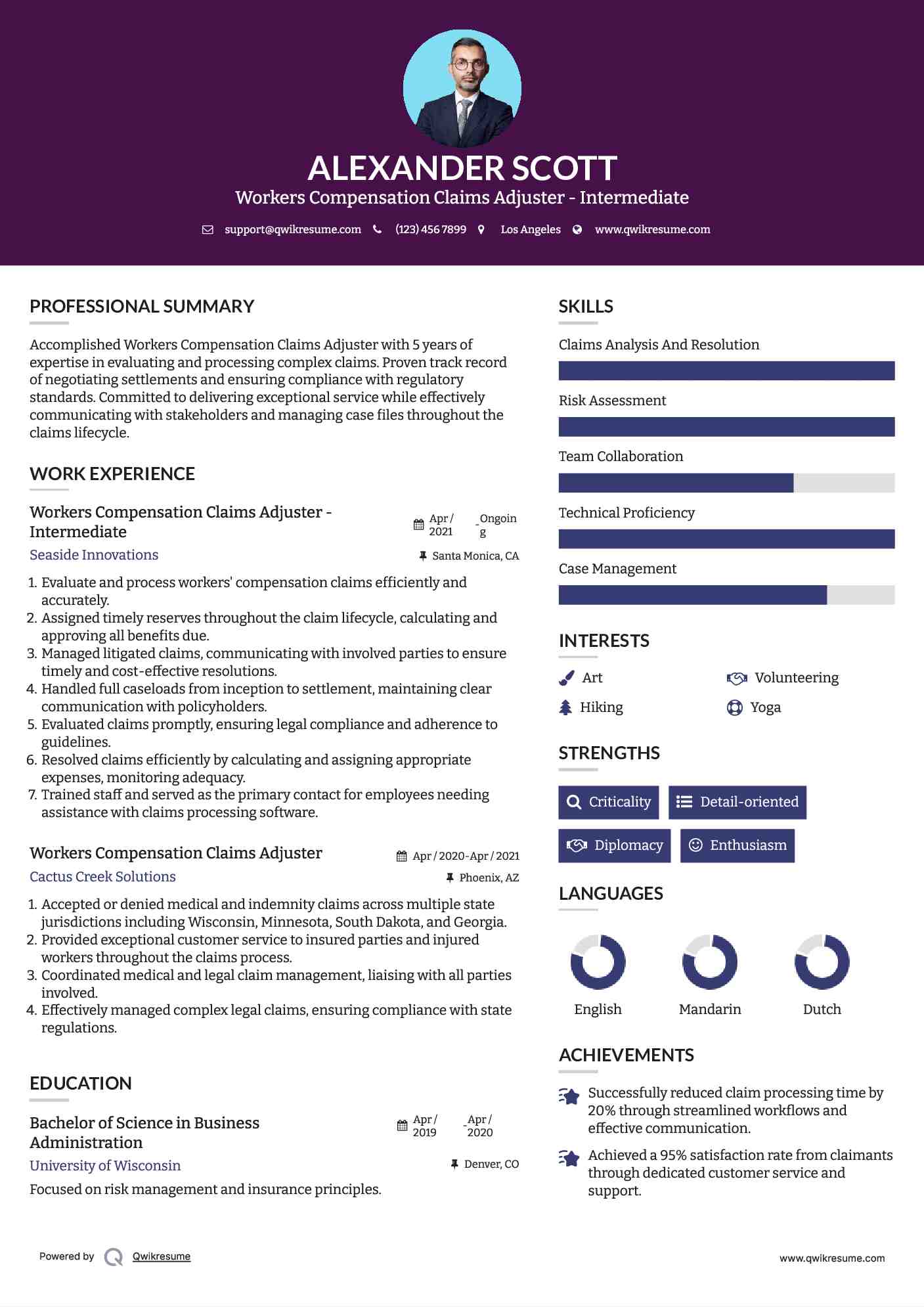 Workers Compensation Claims Adjuster - Intermediate Resume Template