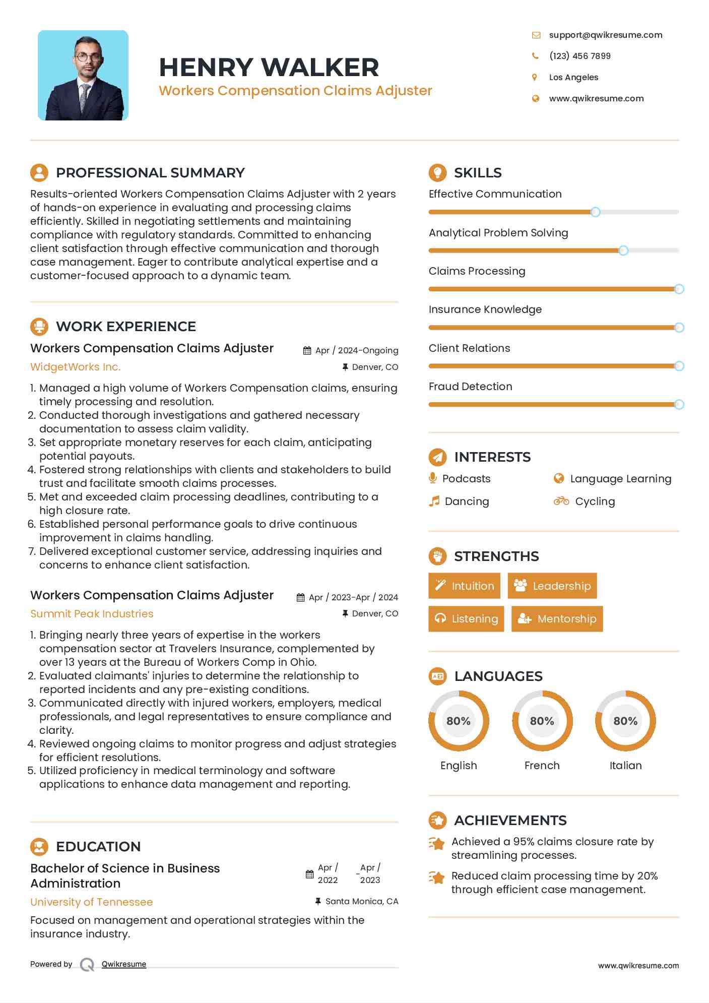 Workers Compensation Claims Adjuster Resume Example