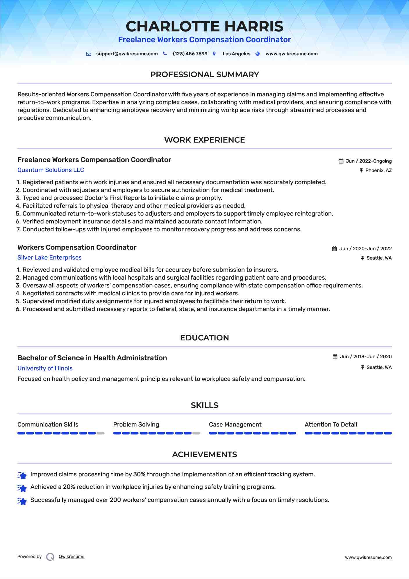 Freelance Workers Compensation Coordinator Resume Format
