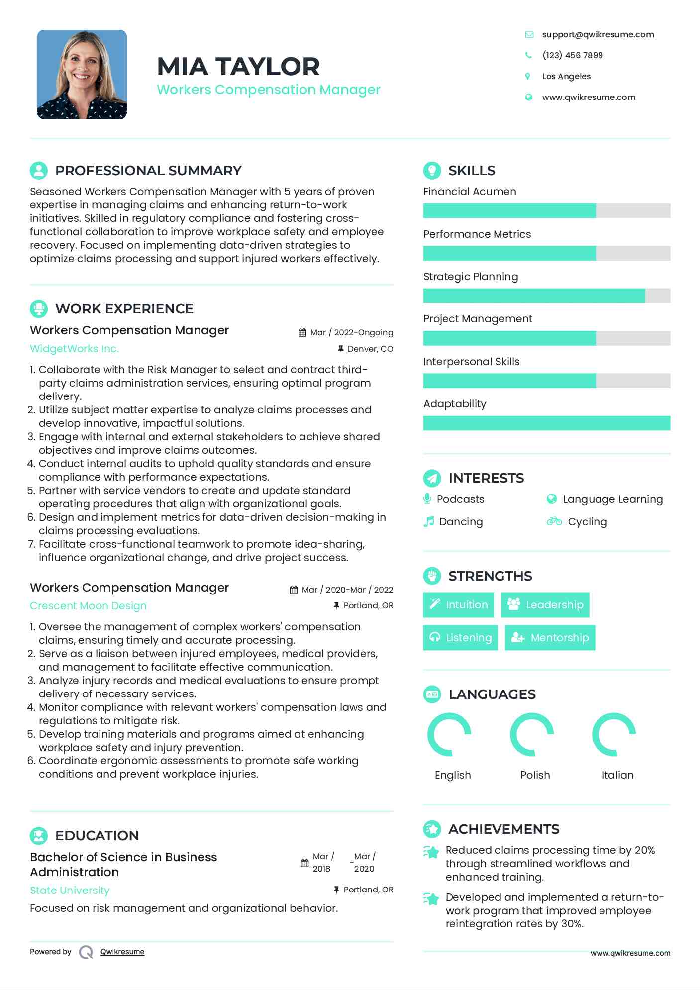 Workers Compensation Manager Resume Format