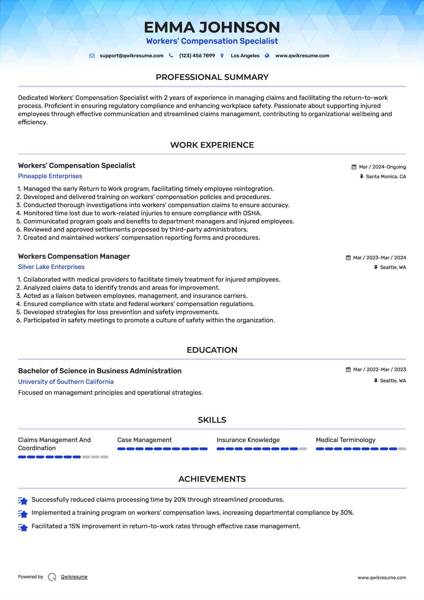 Workers' Compensation Specialist Resume Sample