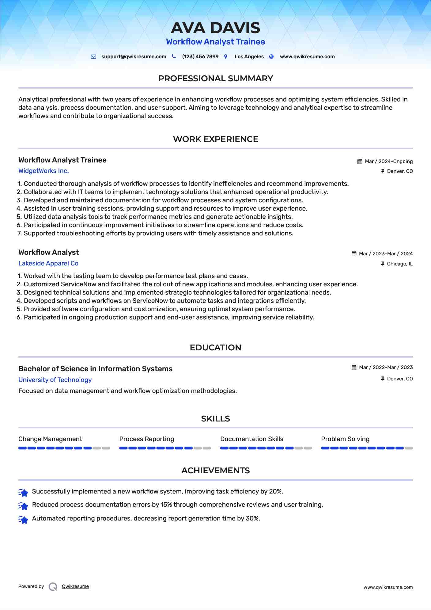 Workflow Analyst Trainee Resume Format