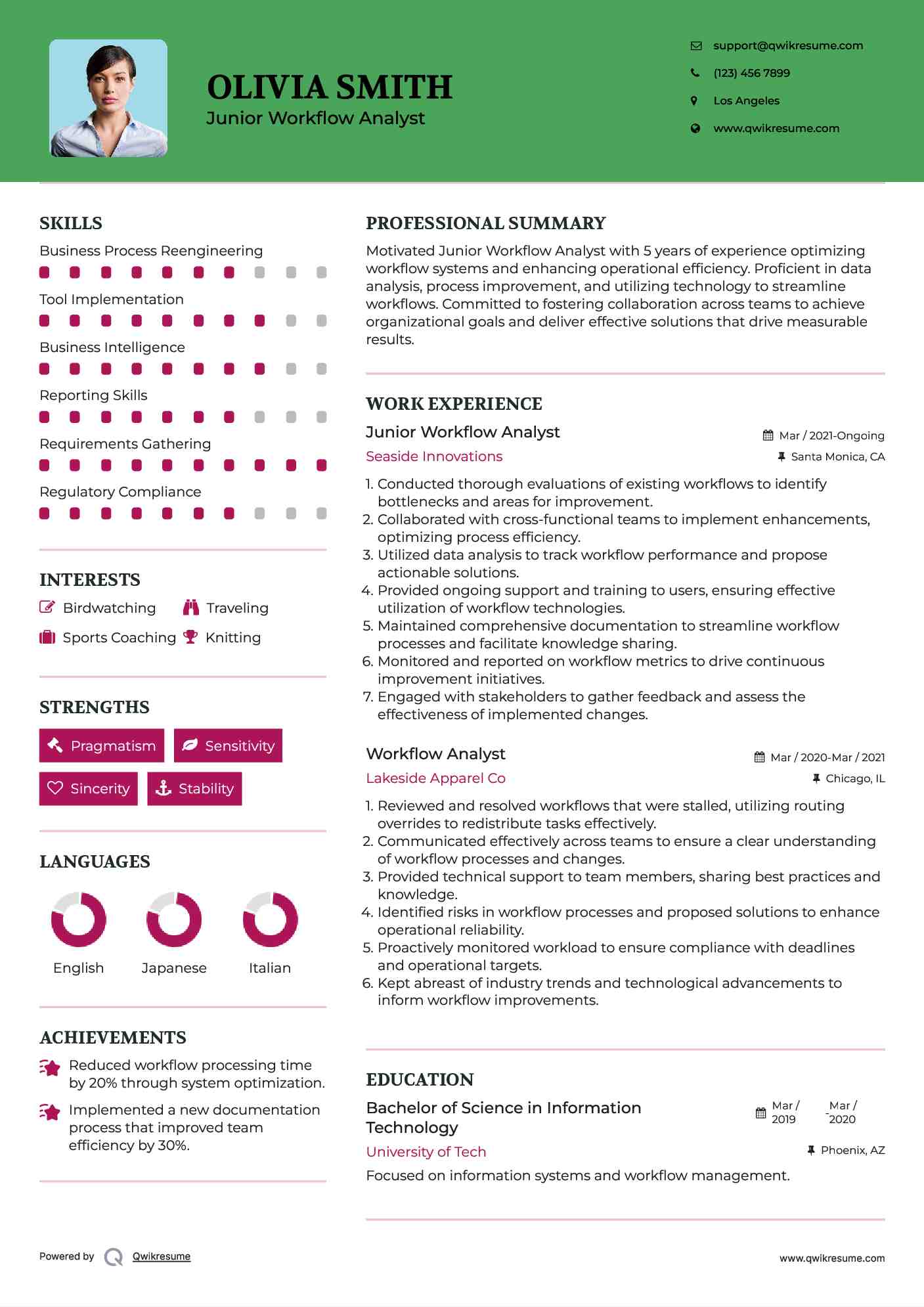 Junior Workflow Analyst Resume Sample
