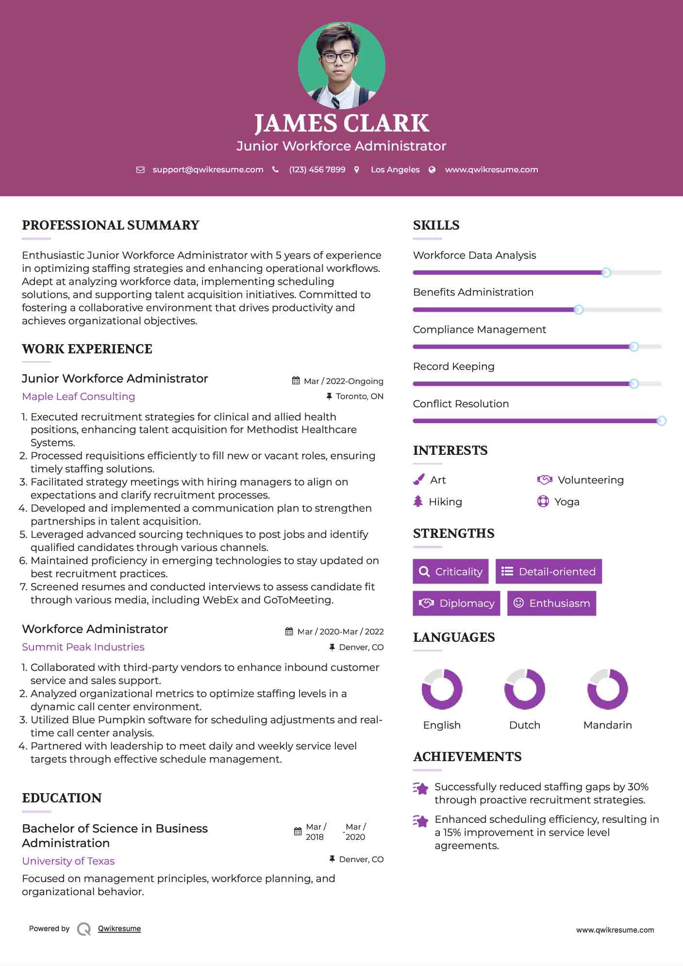Junior Workforce Administrator Resume Model