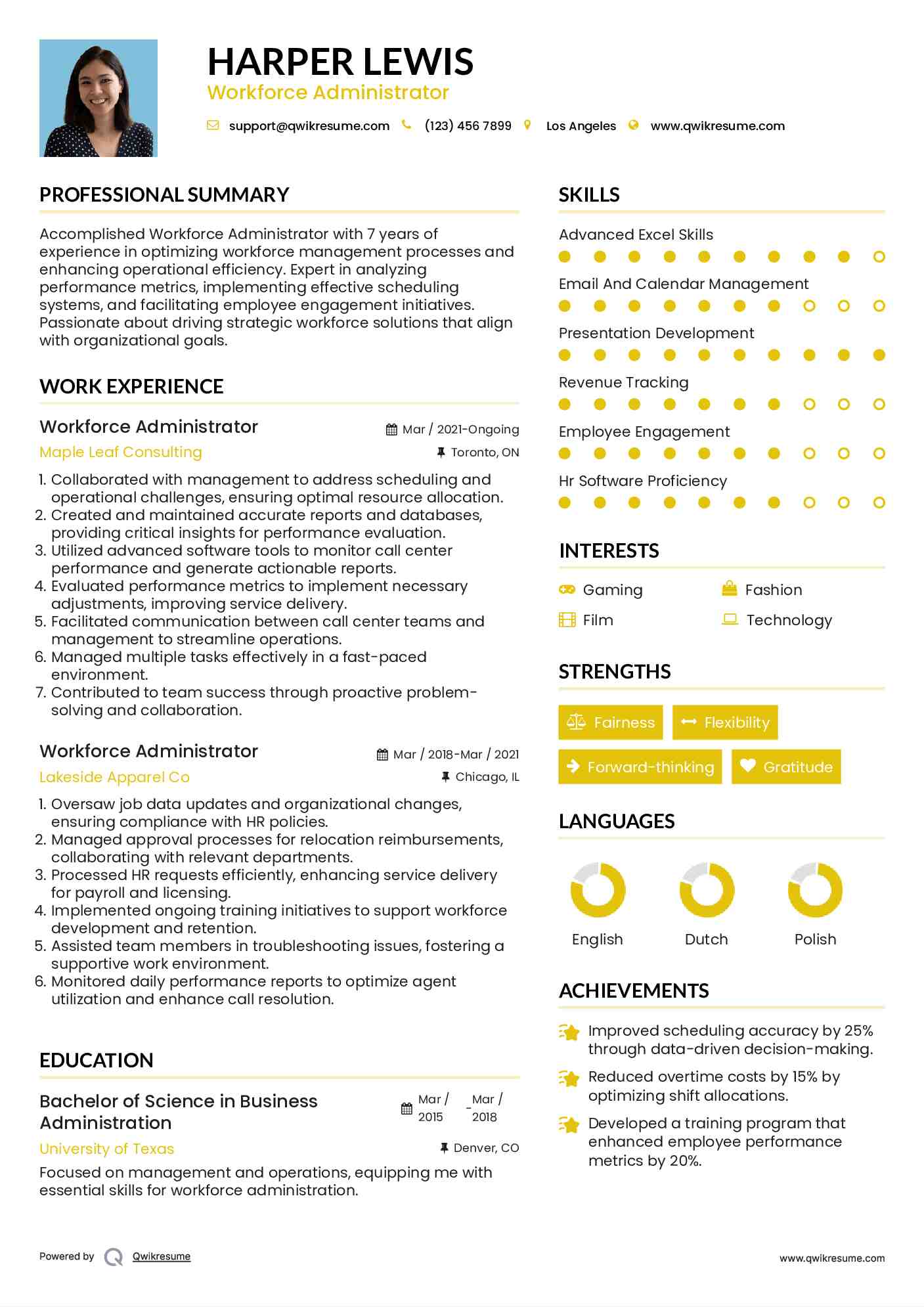 Workforce Administrator Resume Sample