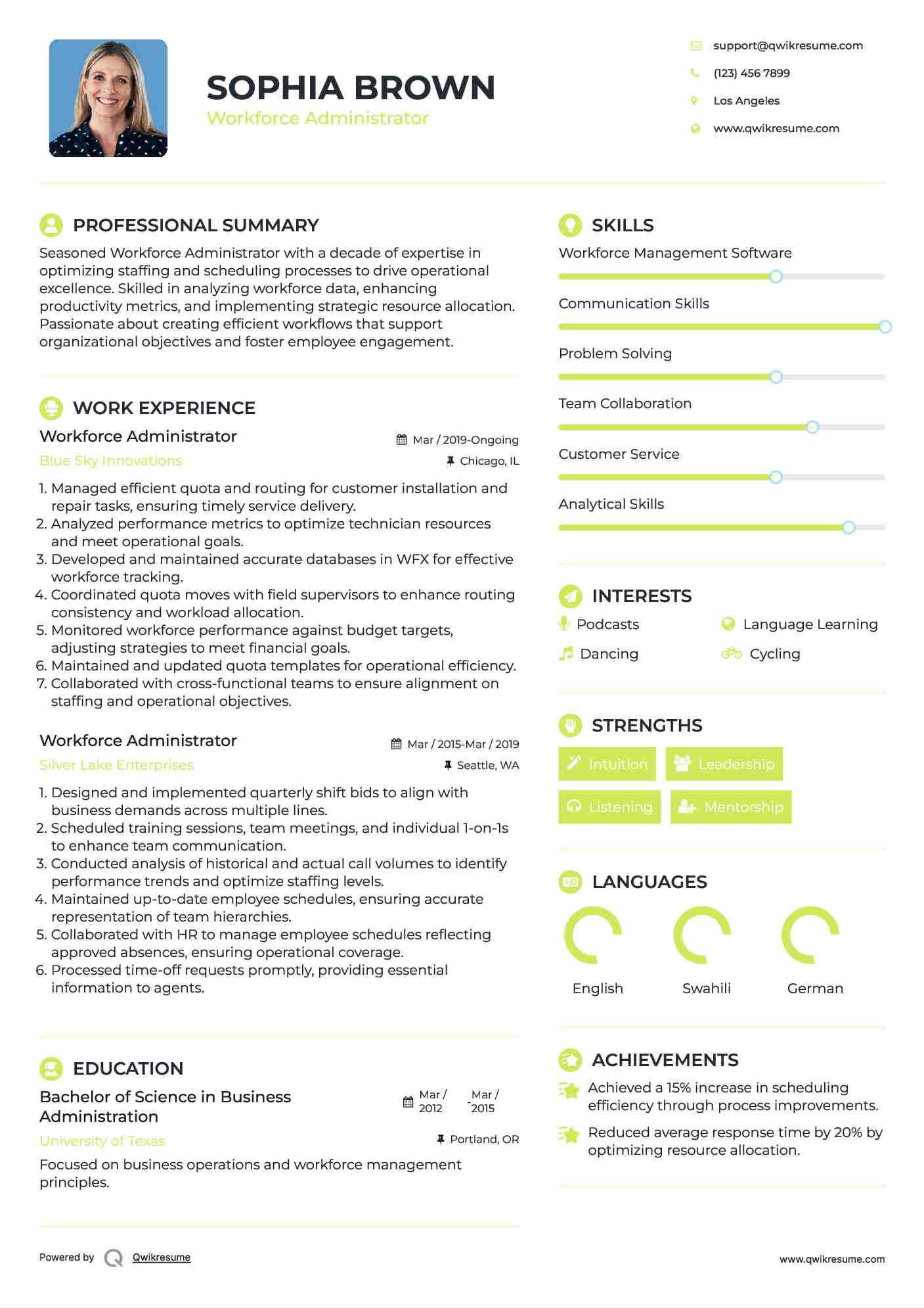 Workforce Administrator Resume Example