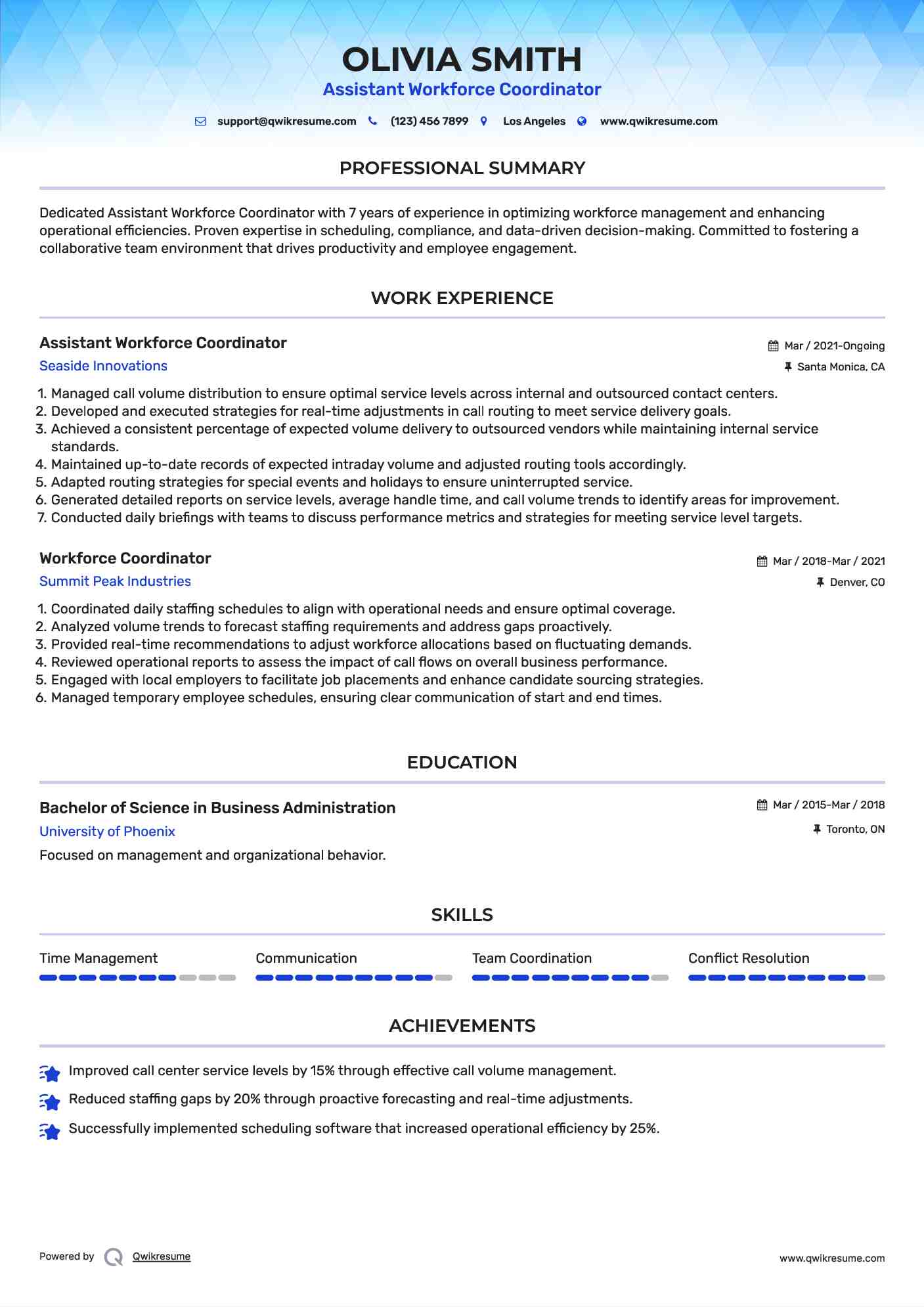 Assistant Workforce Coordinator Resume Model