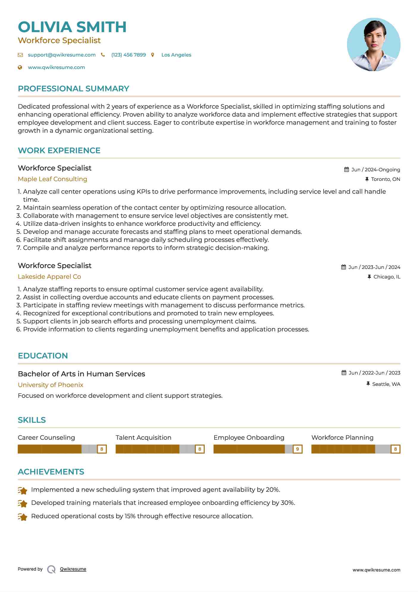 Workforce Specialist Resume Sample