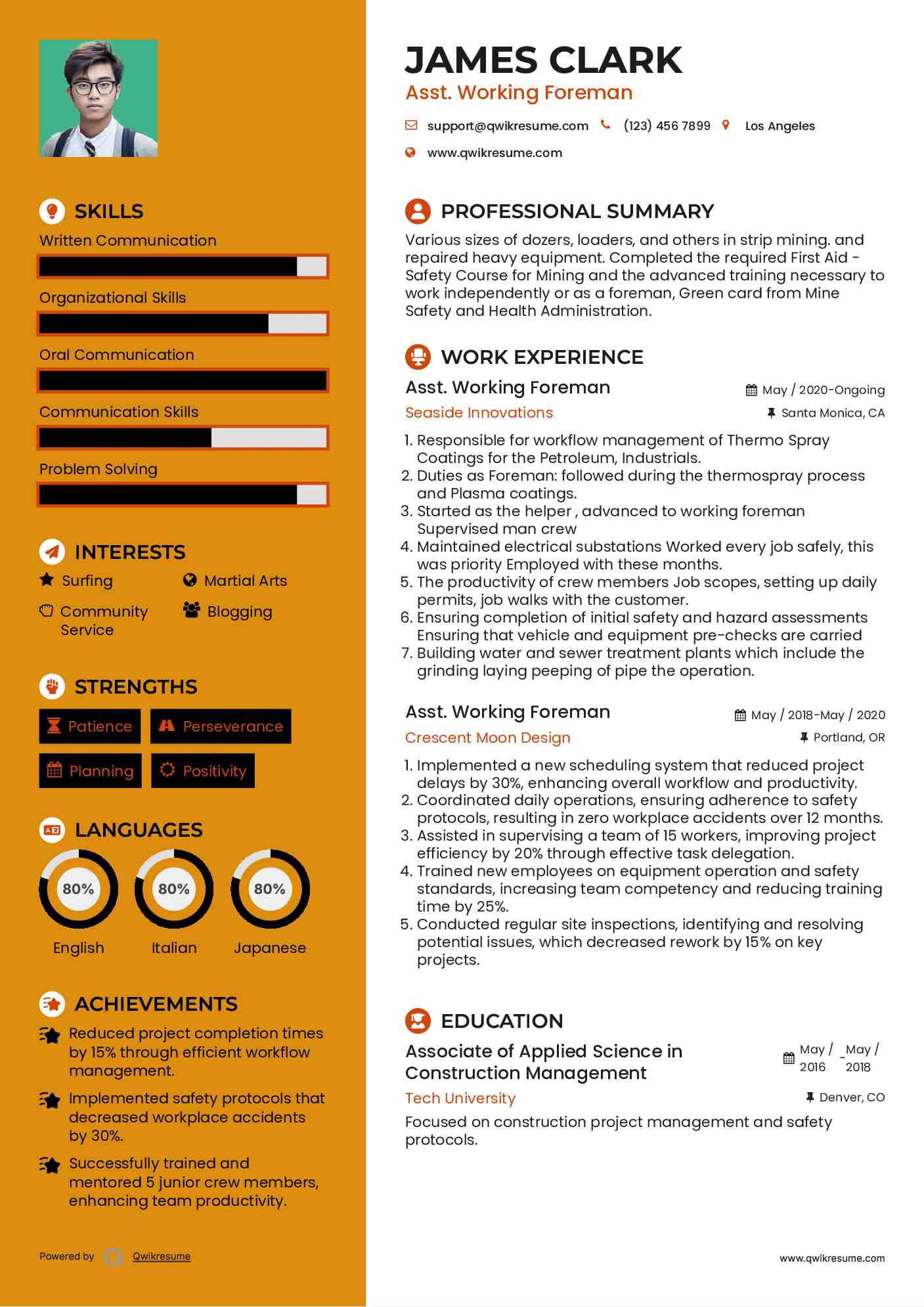 Asst. Working Foreman Resume Format