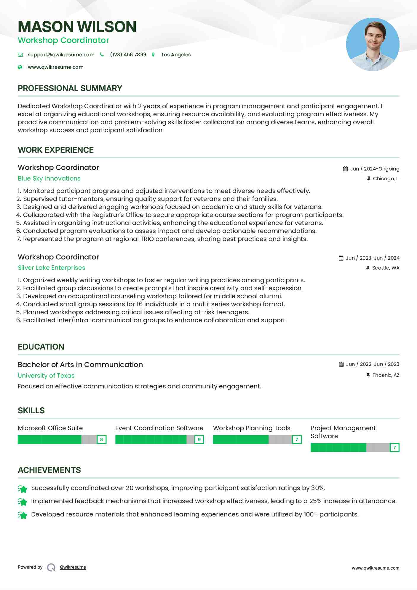 Workshop Coordinator Resume Sample