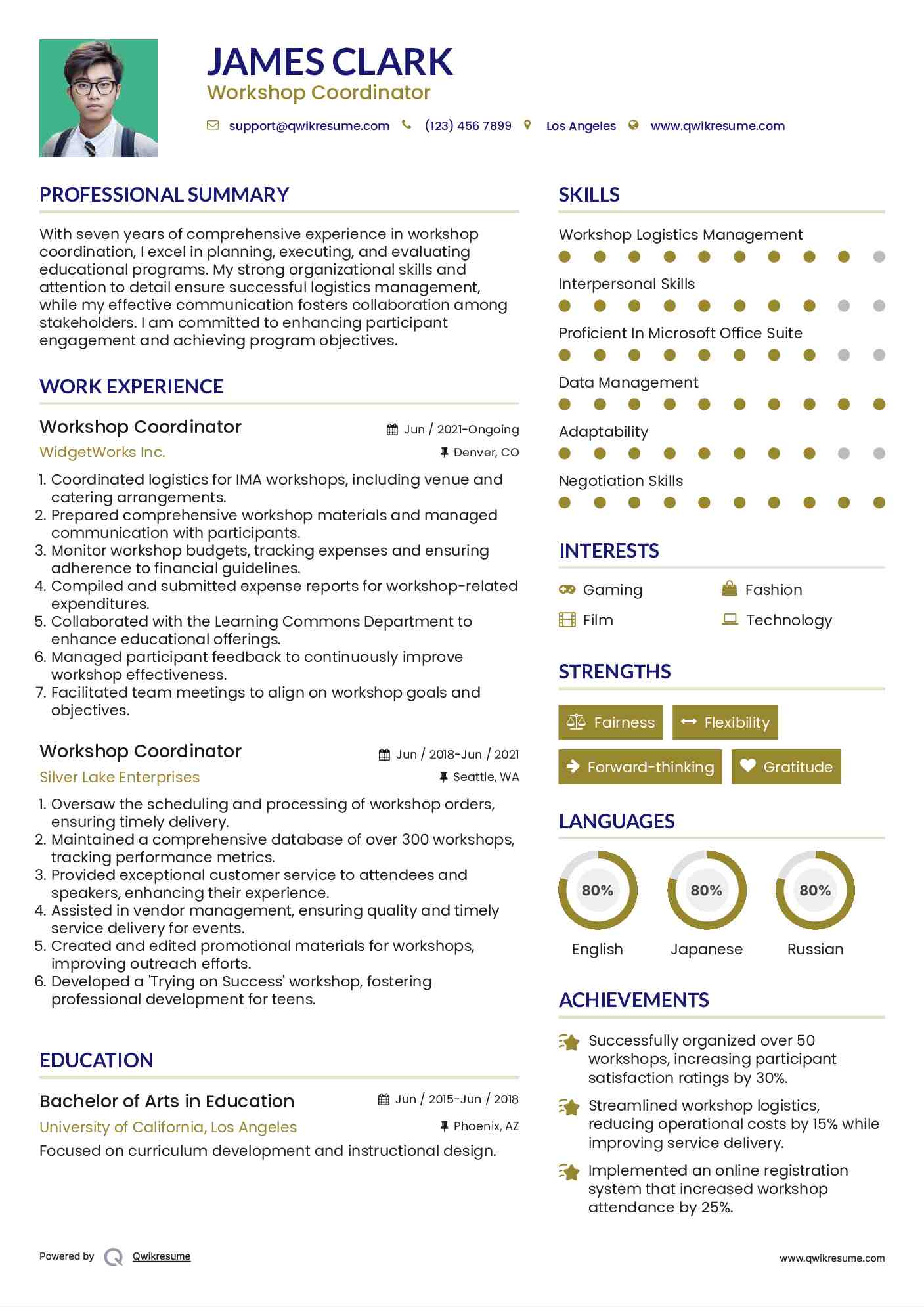 Workshop Coordinator Resume Example