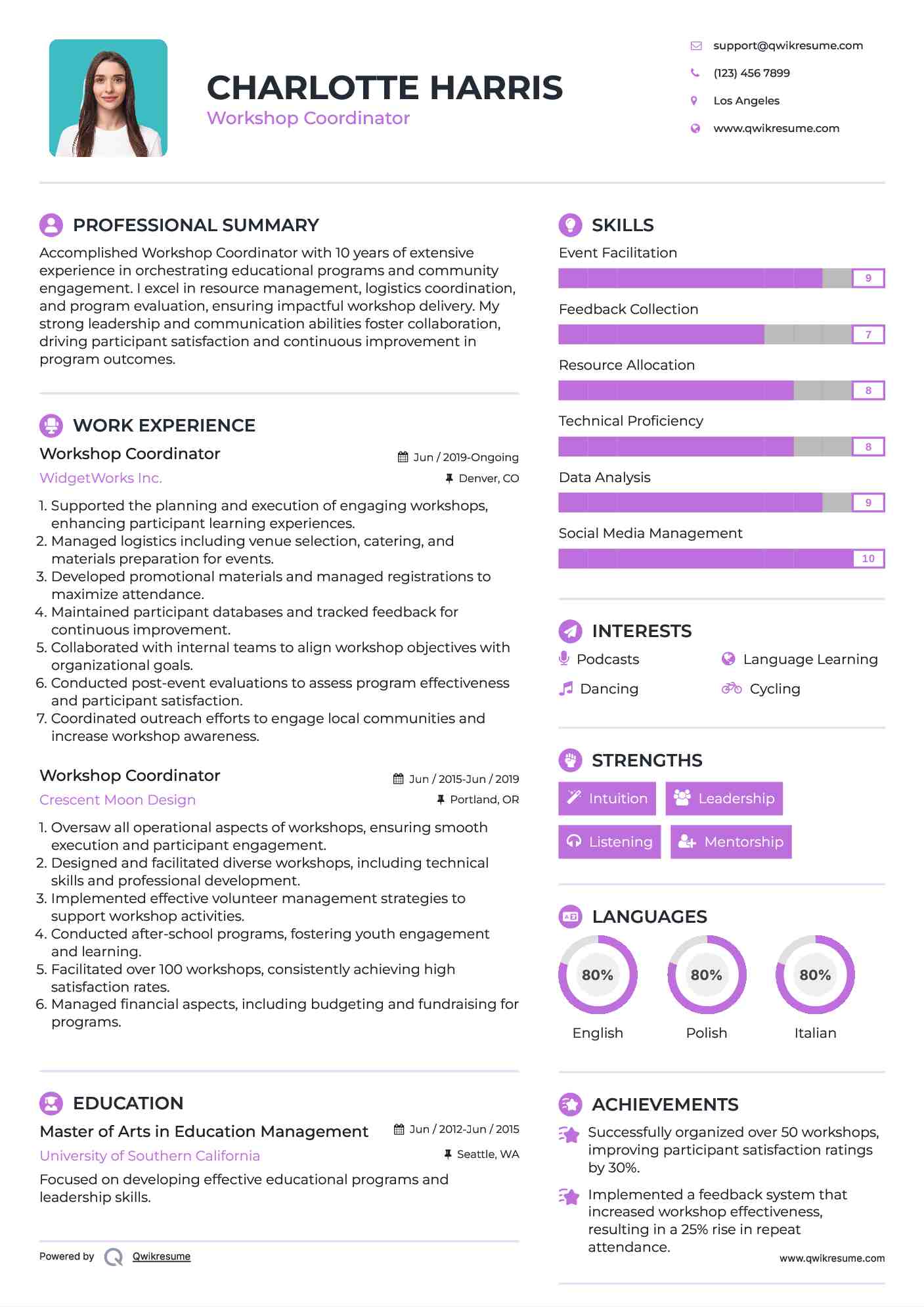 Workshop Coordinator Resume Sample