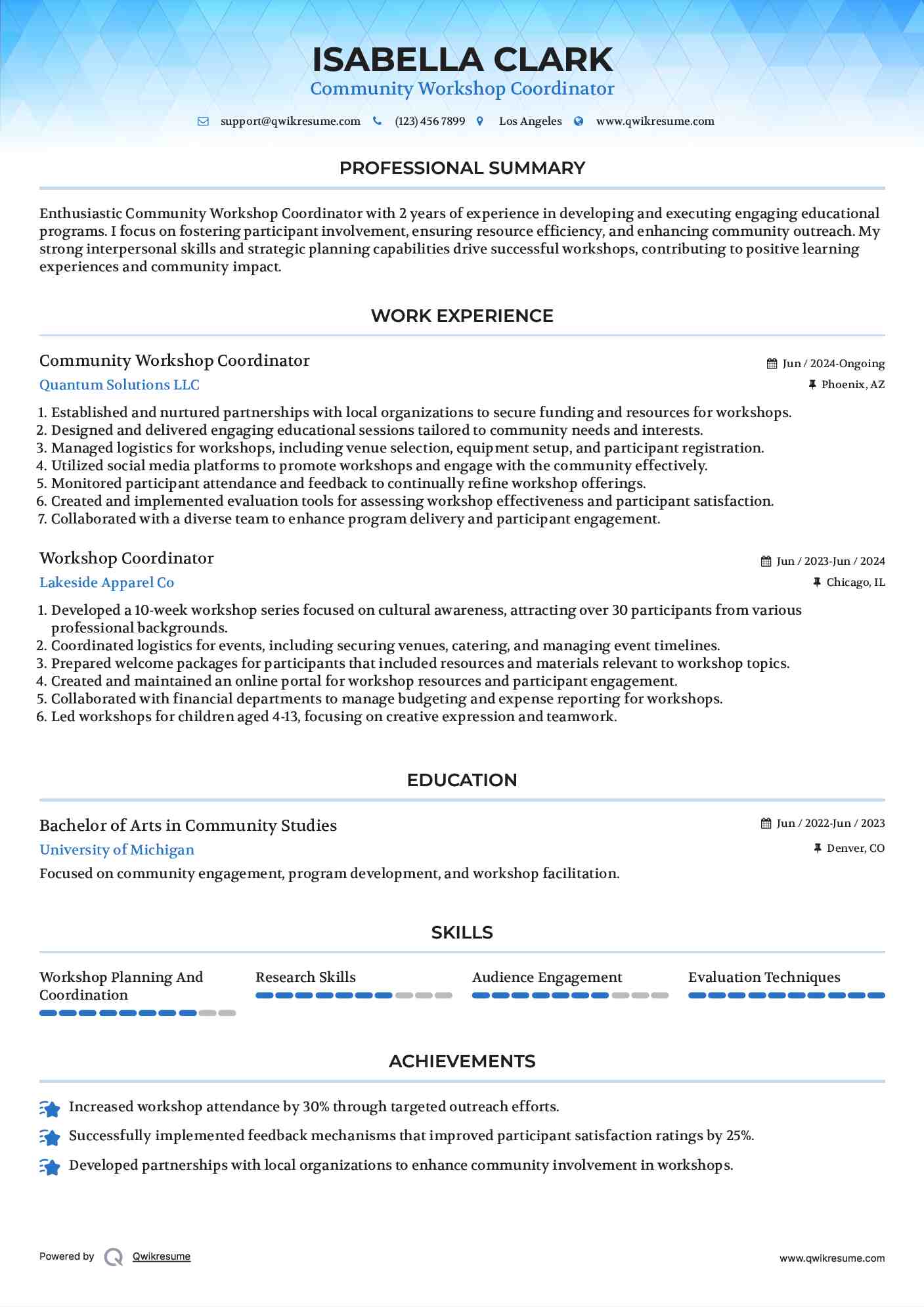 Community Workshop Coordinator Resume Template