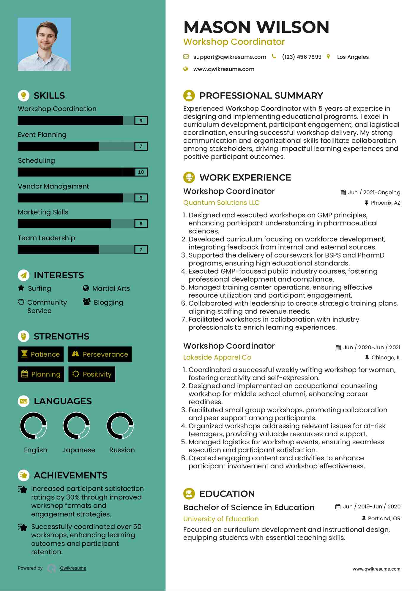 Workshop Coordinator Resume Example