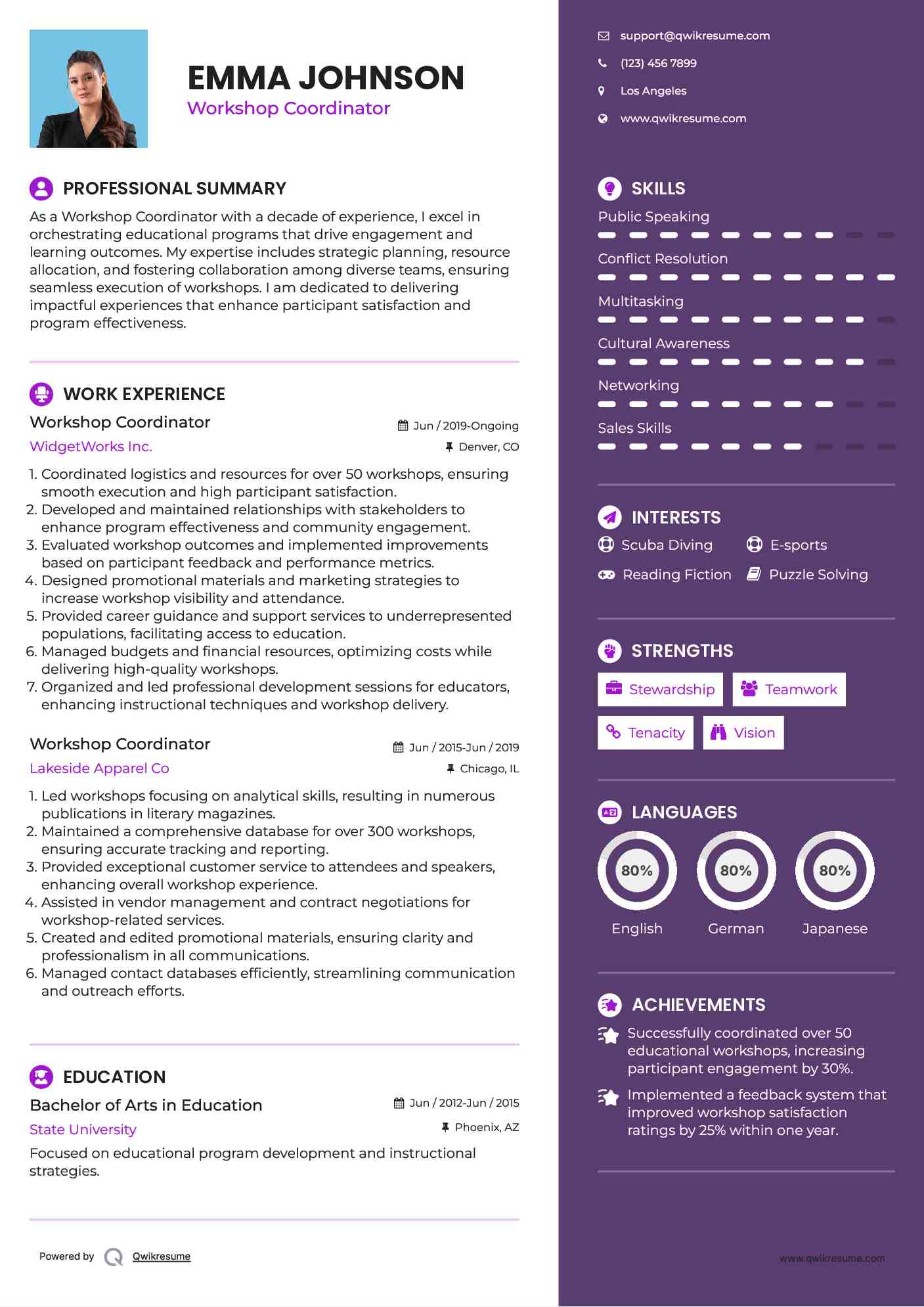 Workshop Coordinator Resume Sample