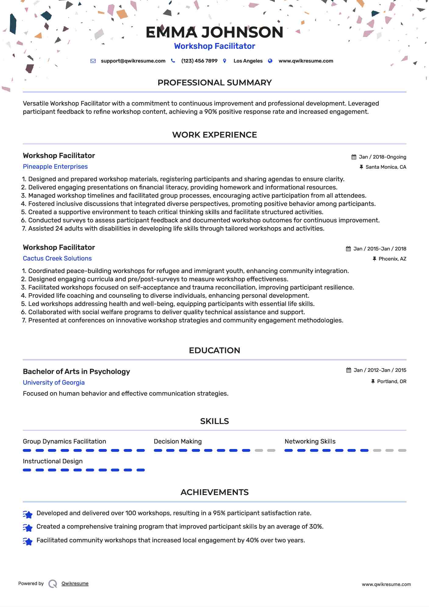 Workshop Facilitator Resume Sample