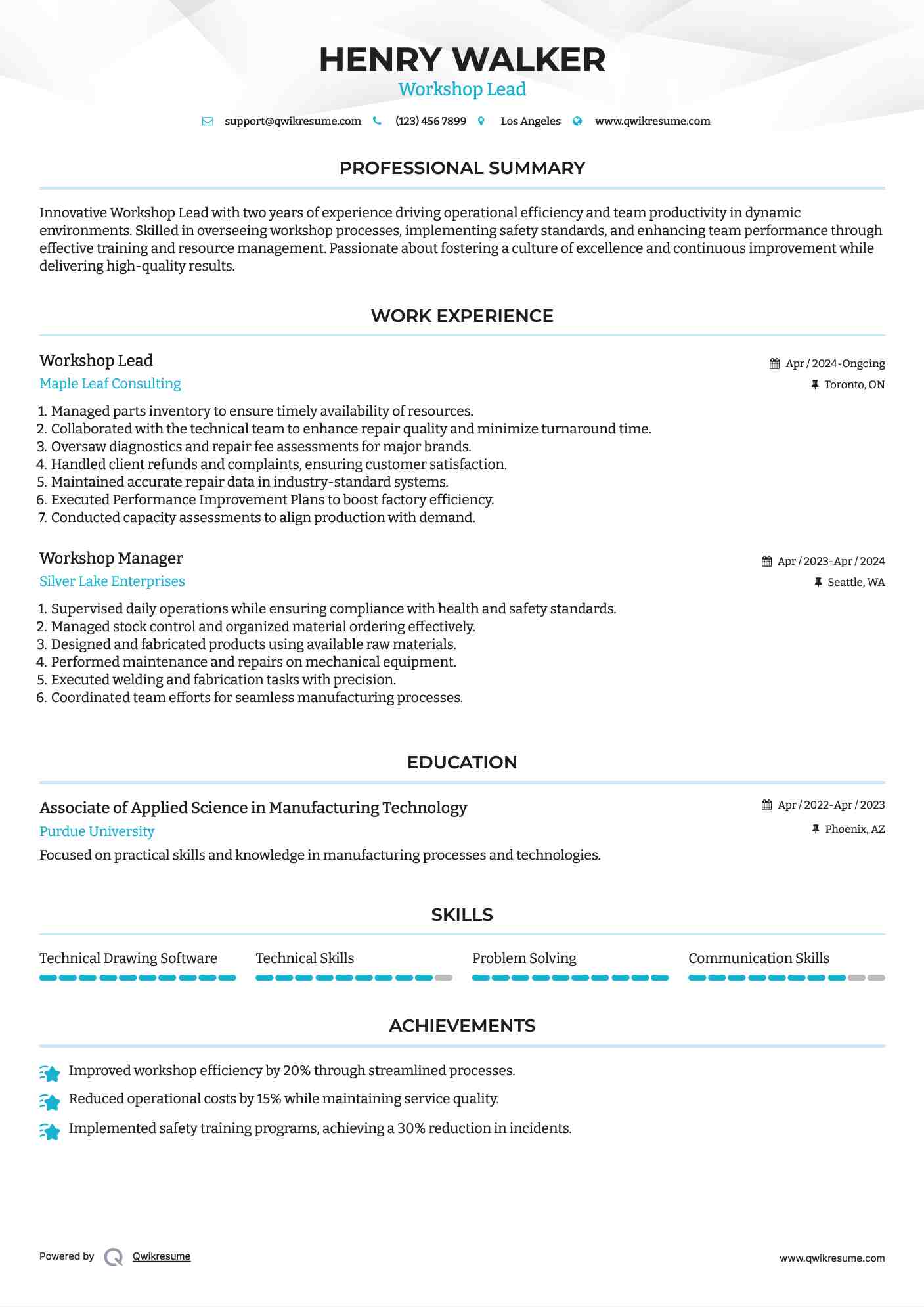 Workshop Lead Resume Format