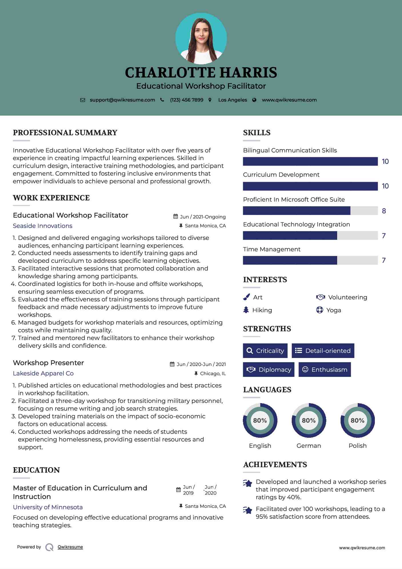 Educational Workshop Facilitator Resume Sample