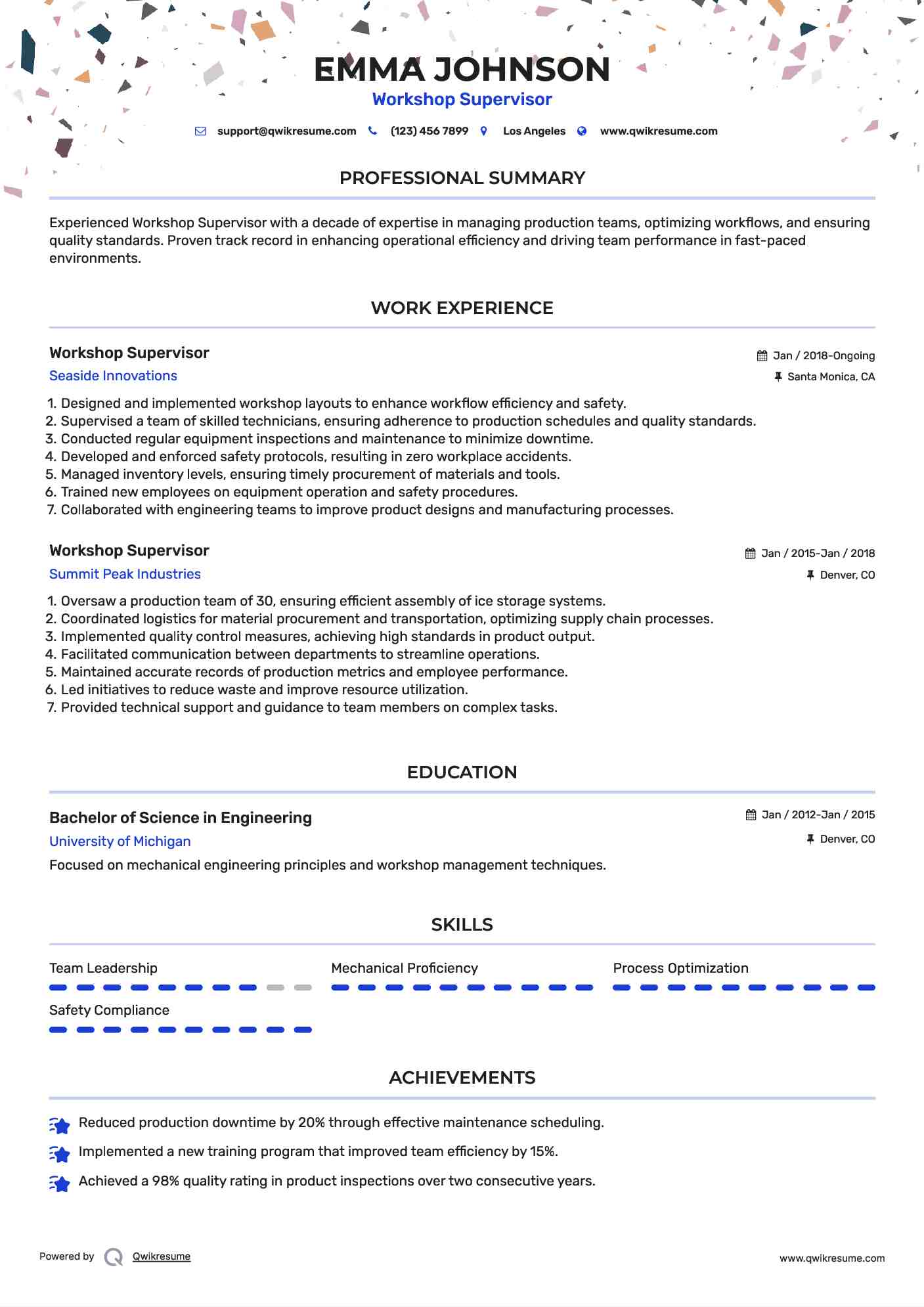 Workshop Supervisor Resume Template