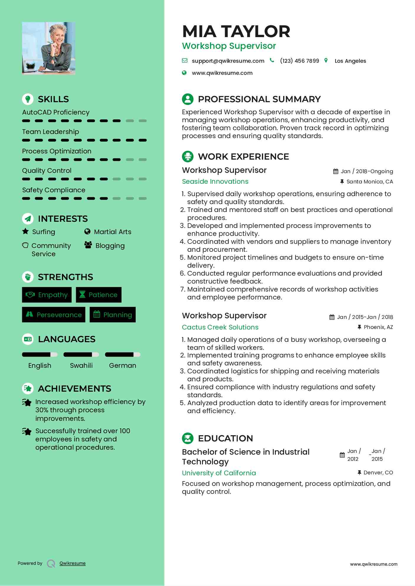 Workshop Supervisor Resume Model