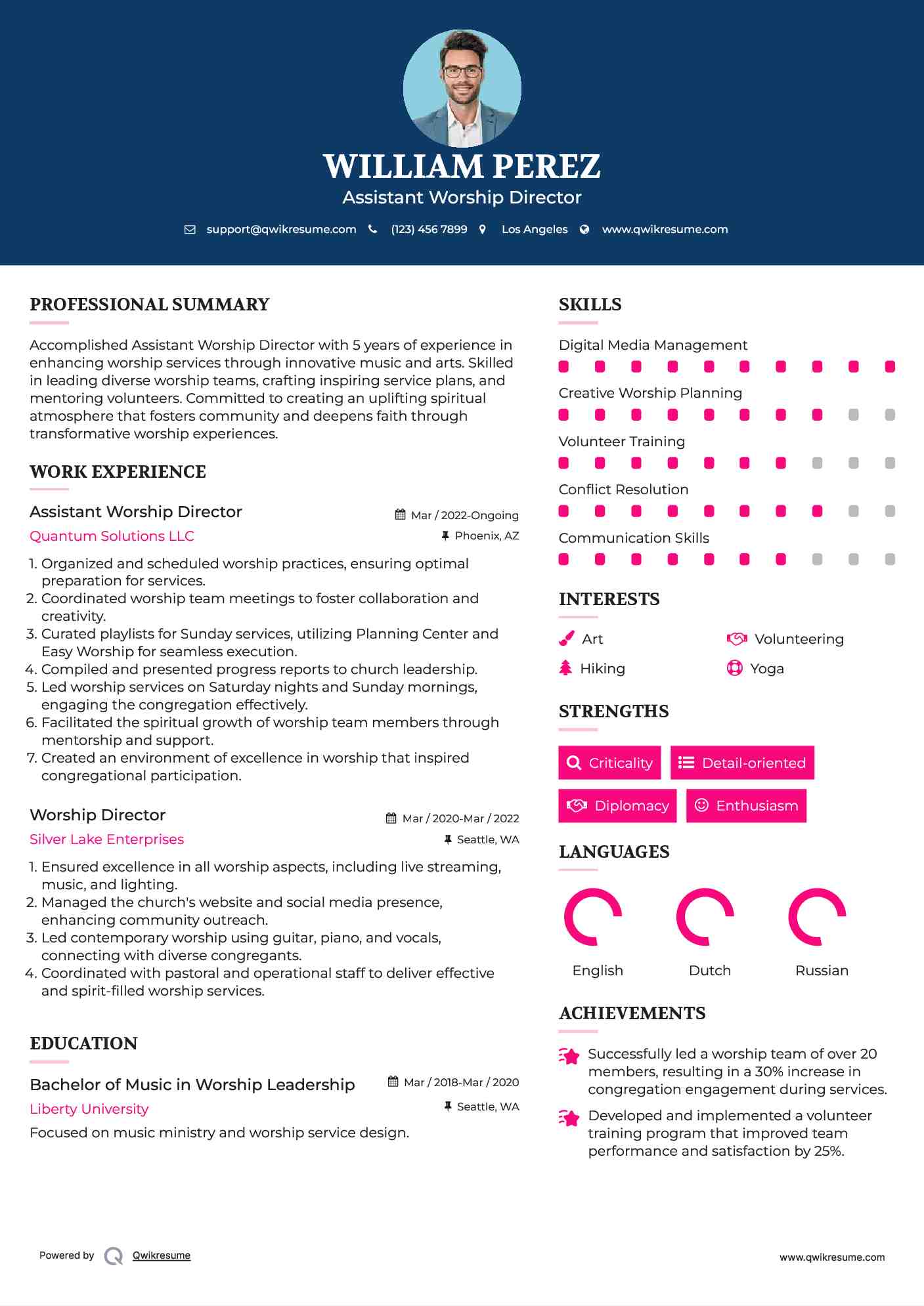 Assistant Worship Director Resume Model