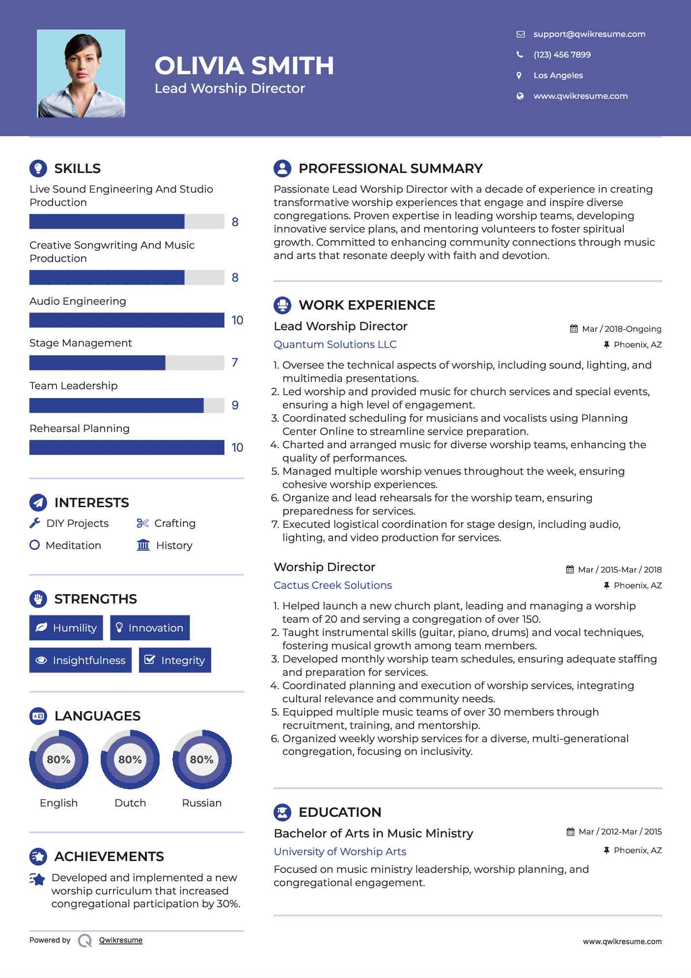 Lead Worship Director Resume Example