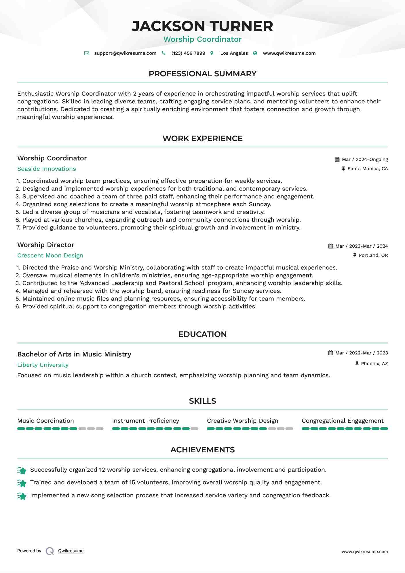 Worship Coordinator Resume Sample