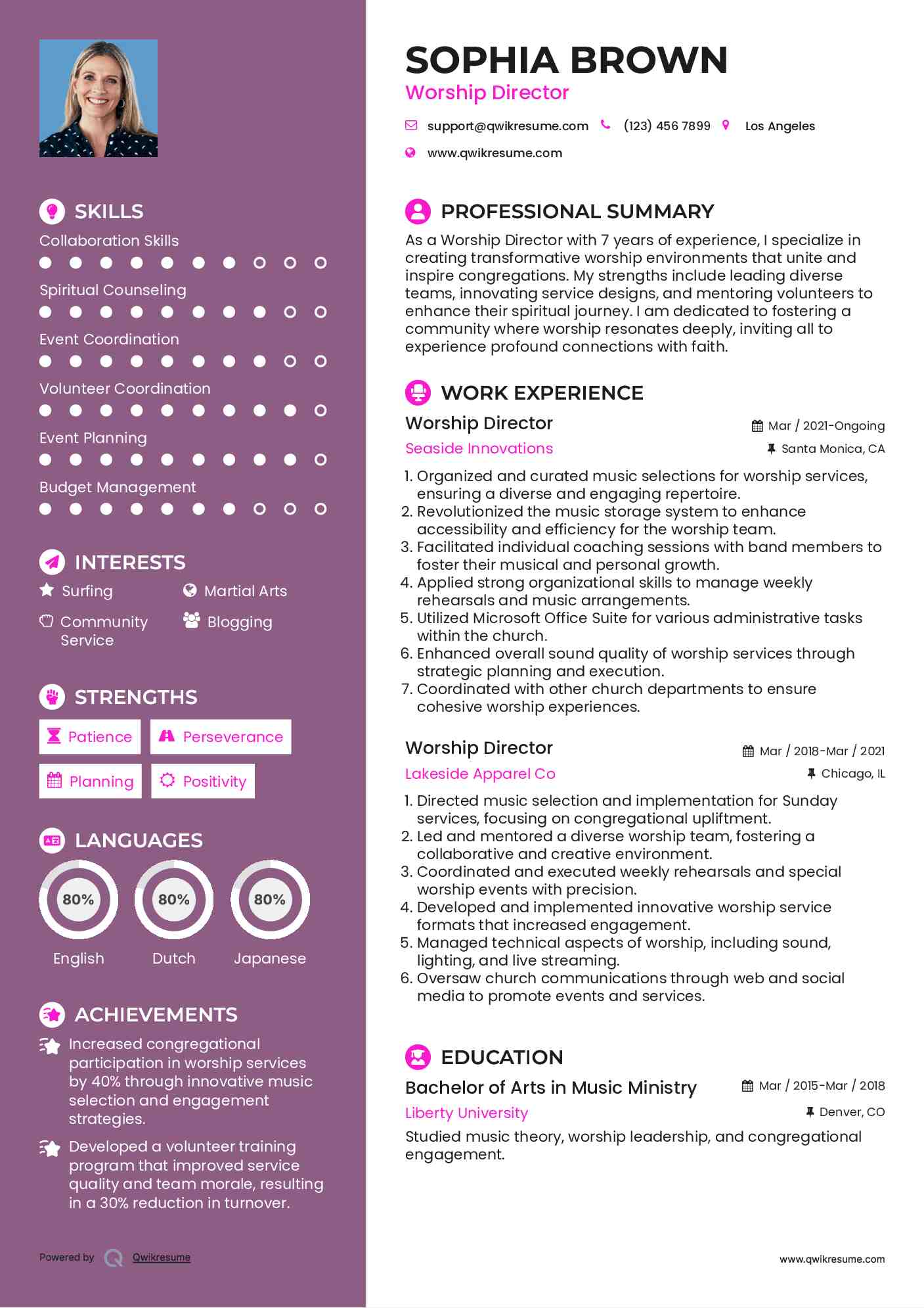 Worship Director Resume Example