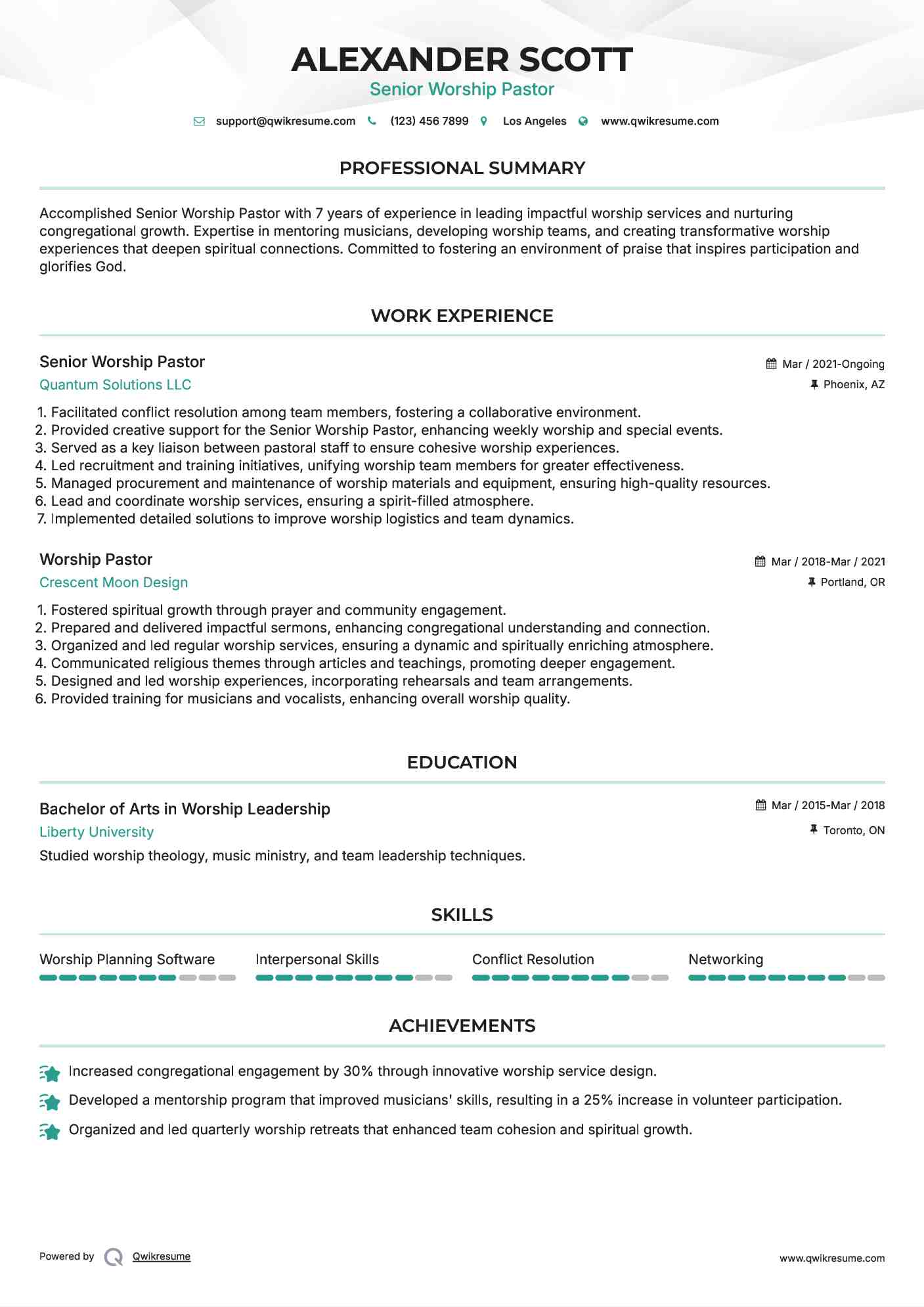Senior Worship Pastor Resume Sample