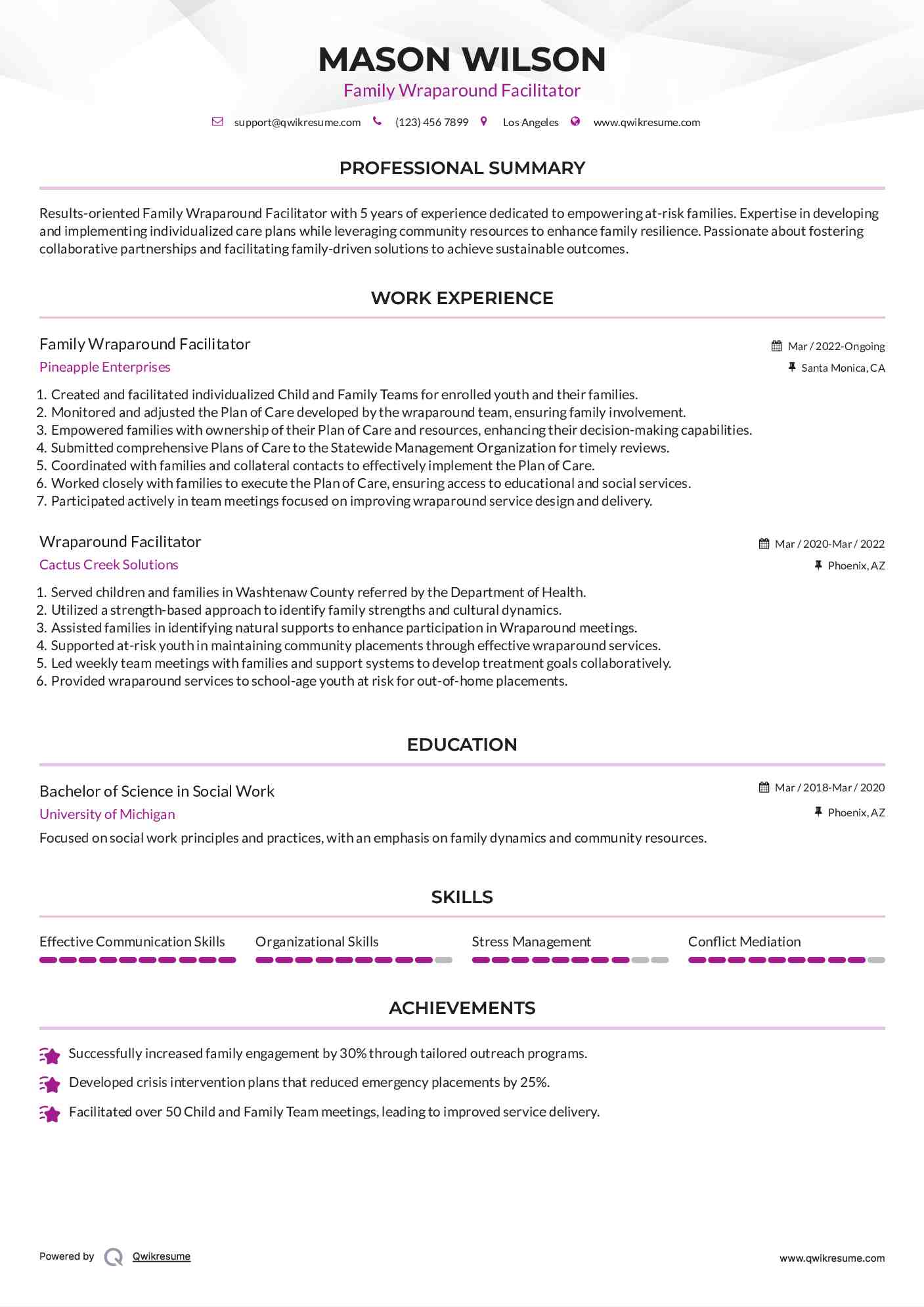 Family Wraparound Facilitator Resume Format