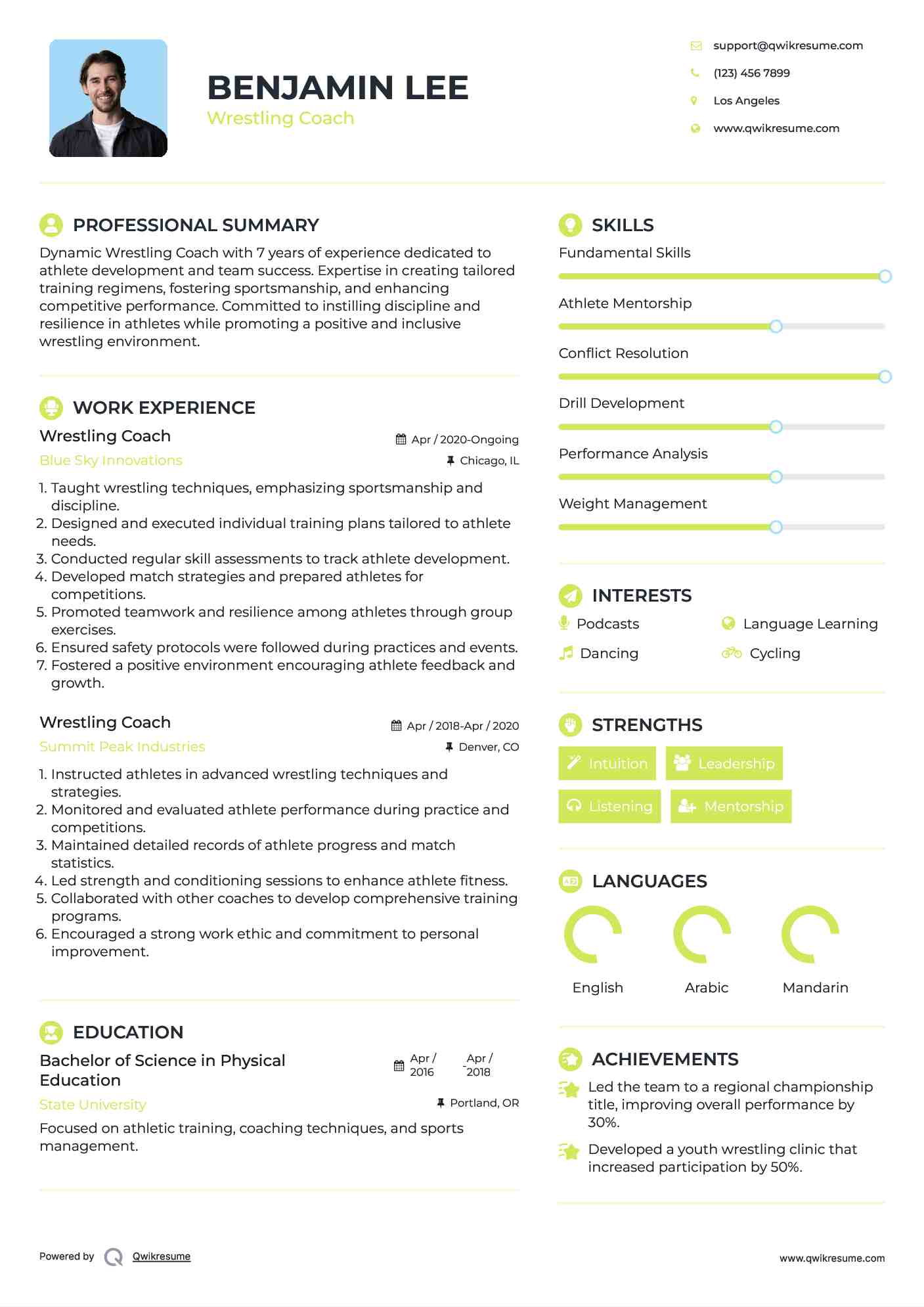 Wrestling Coach Resume Model