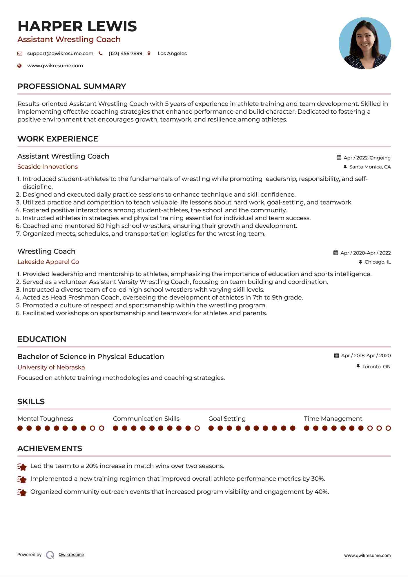 Assistant Wrestling Coach Resume Format