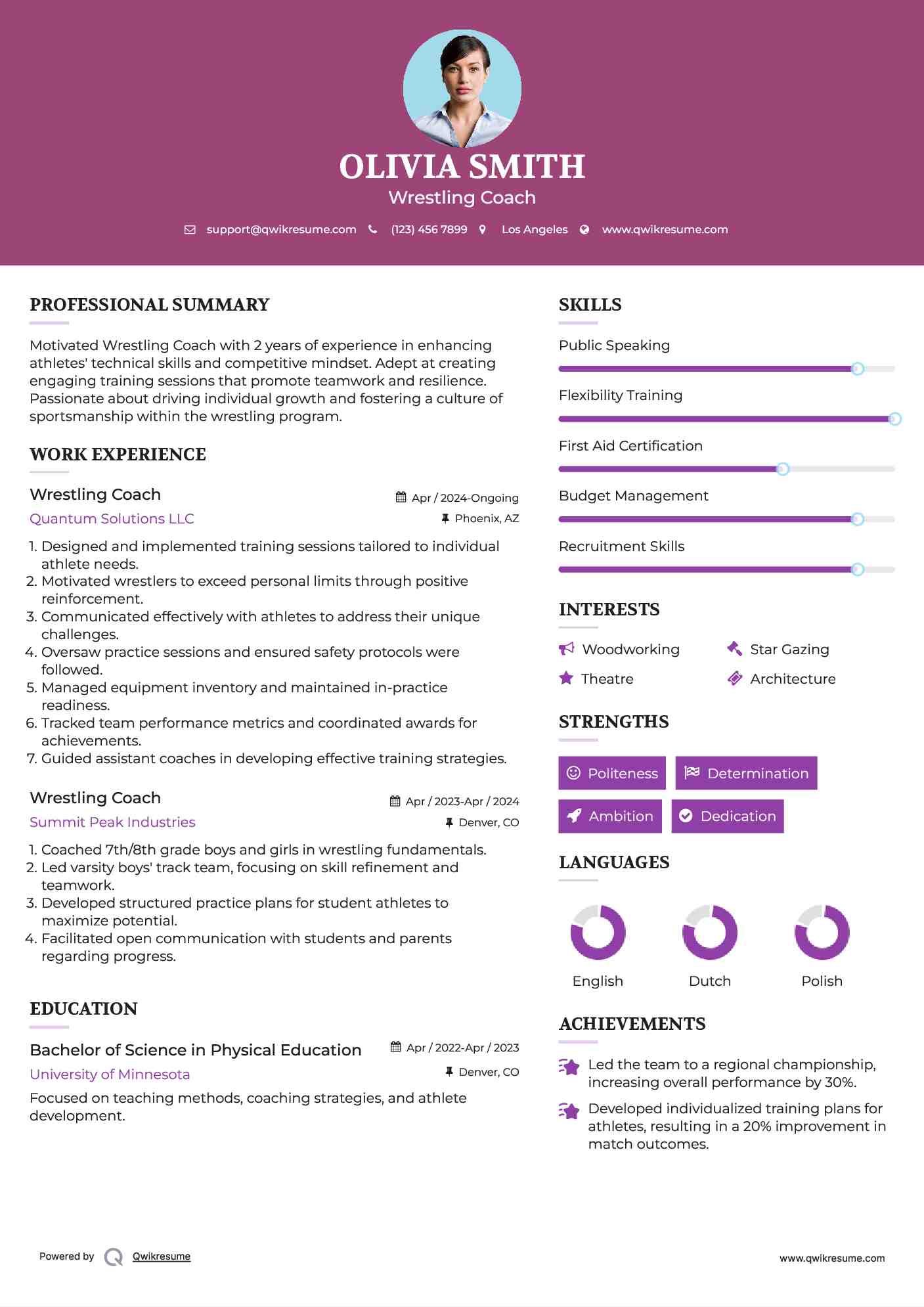 Wrestling Coach Resume Sample