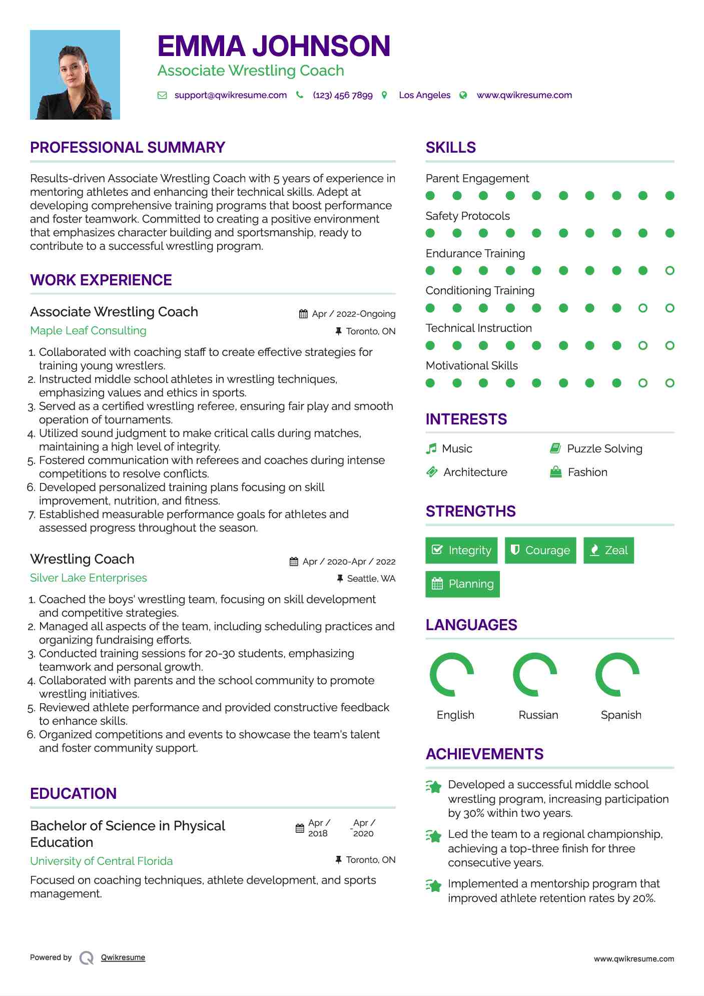 Associate Wrestling Coach  Resume Sample