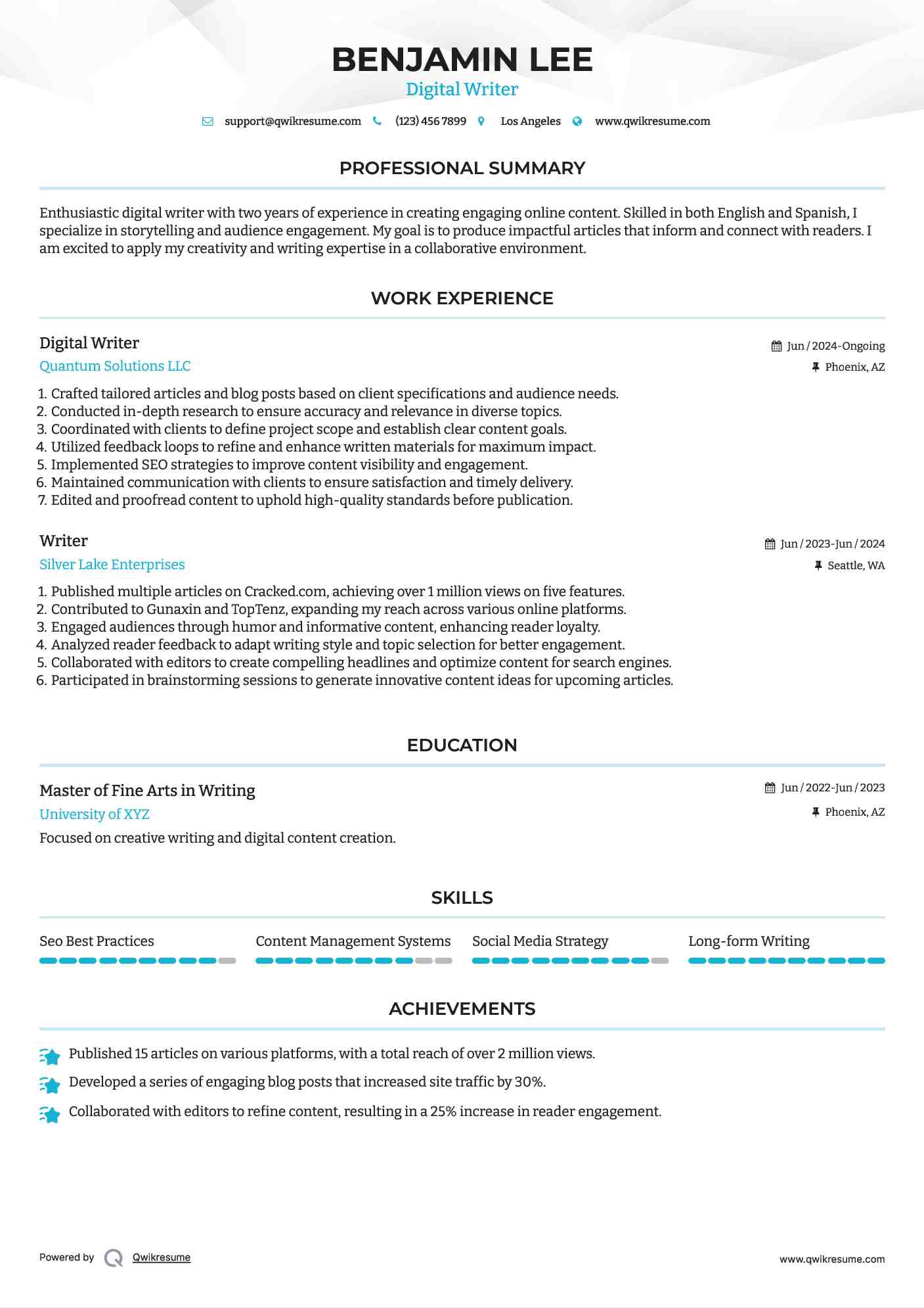Digital Writer Resume Example