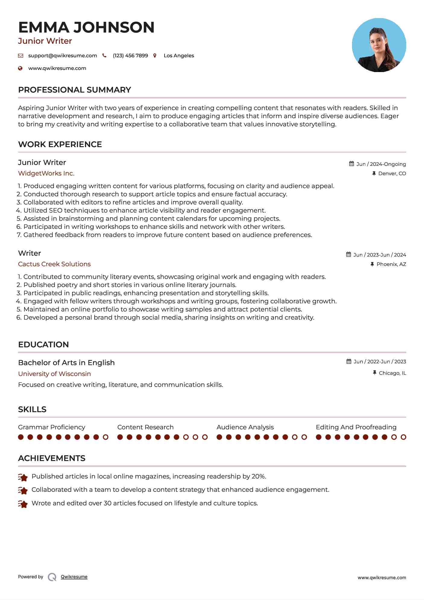 Junior Writer Resume Model
