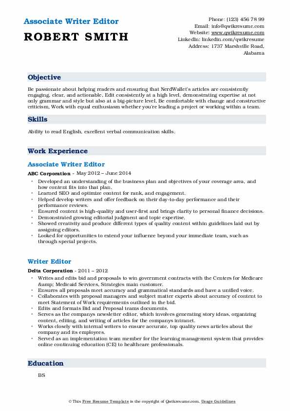 Writer Editor Resume Samples QwikResume