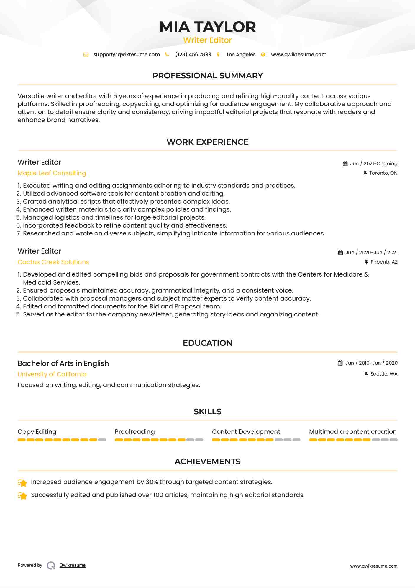 Writer Editor Resume Example