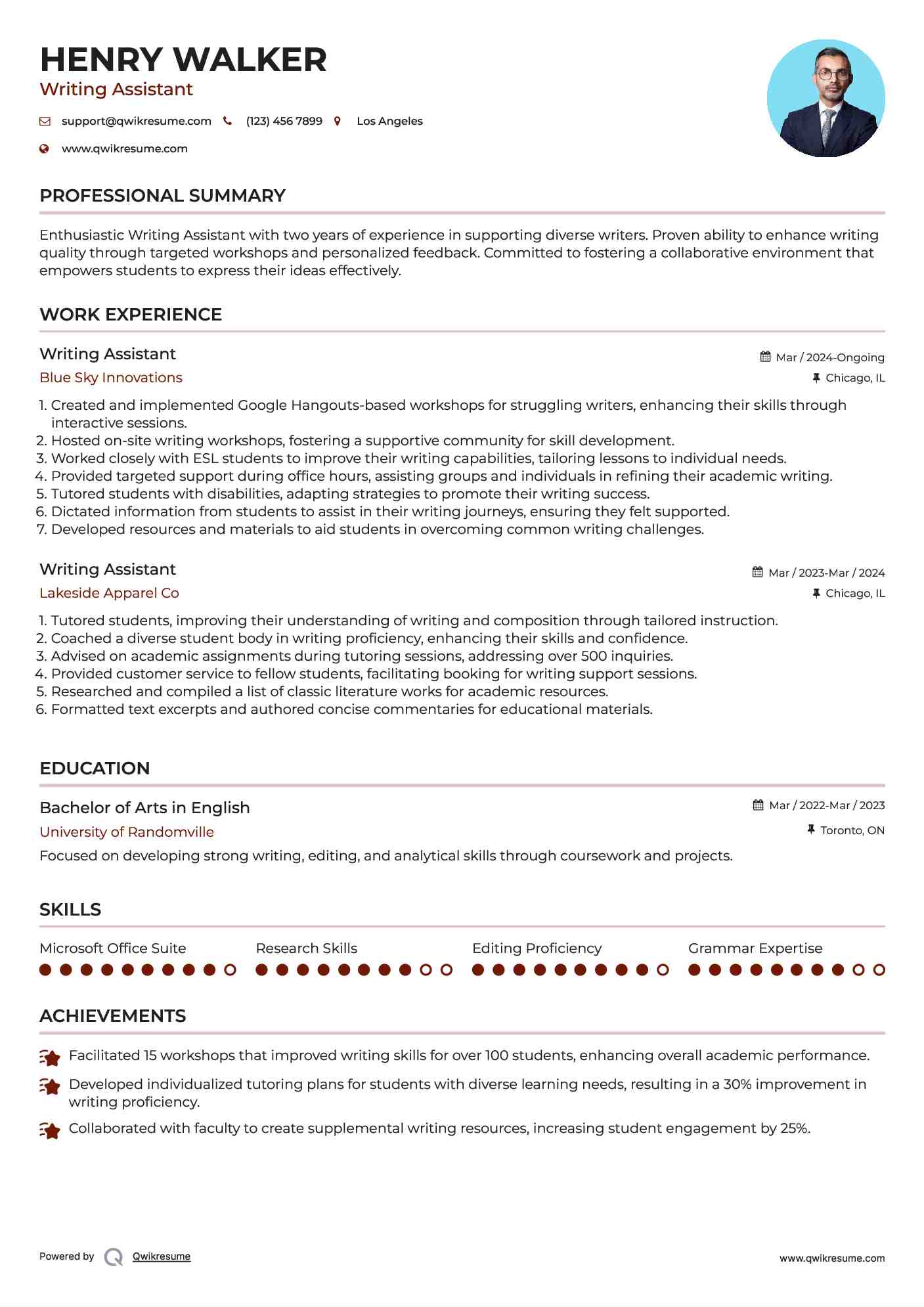Writing Assistant Resume Format