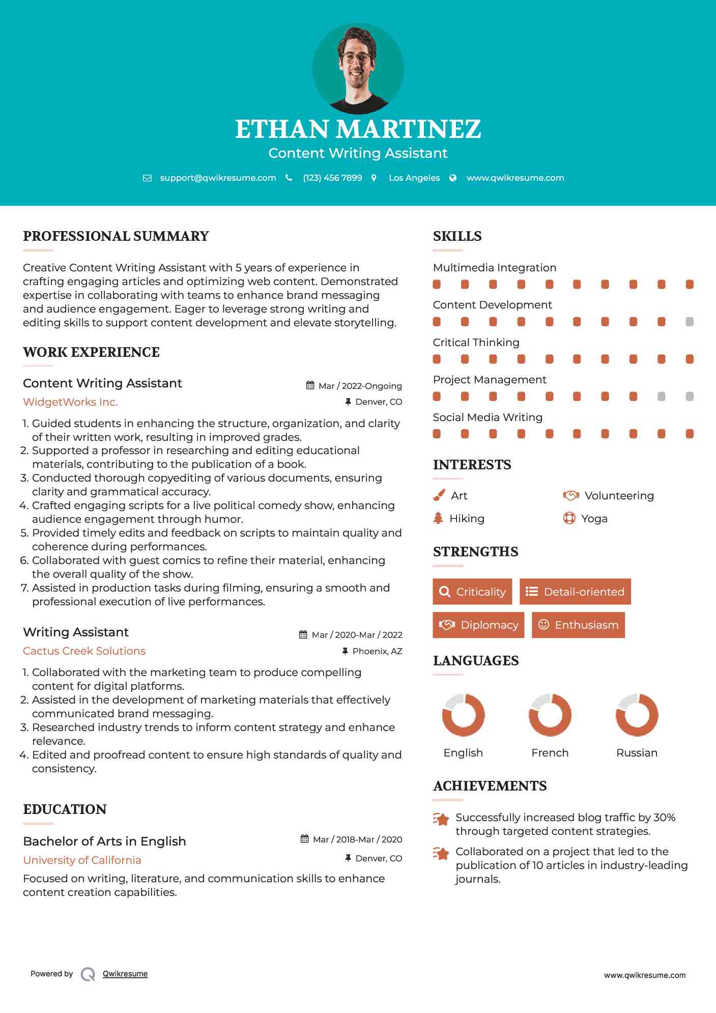 Content Writing Assistant Resume Format