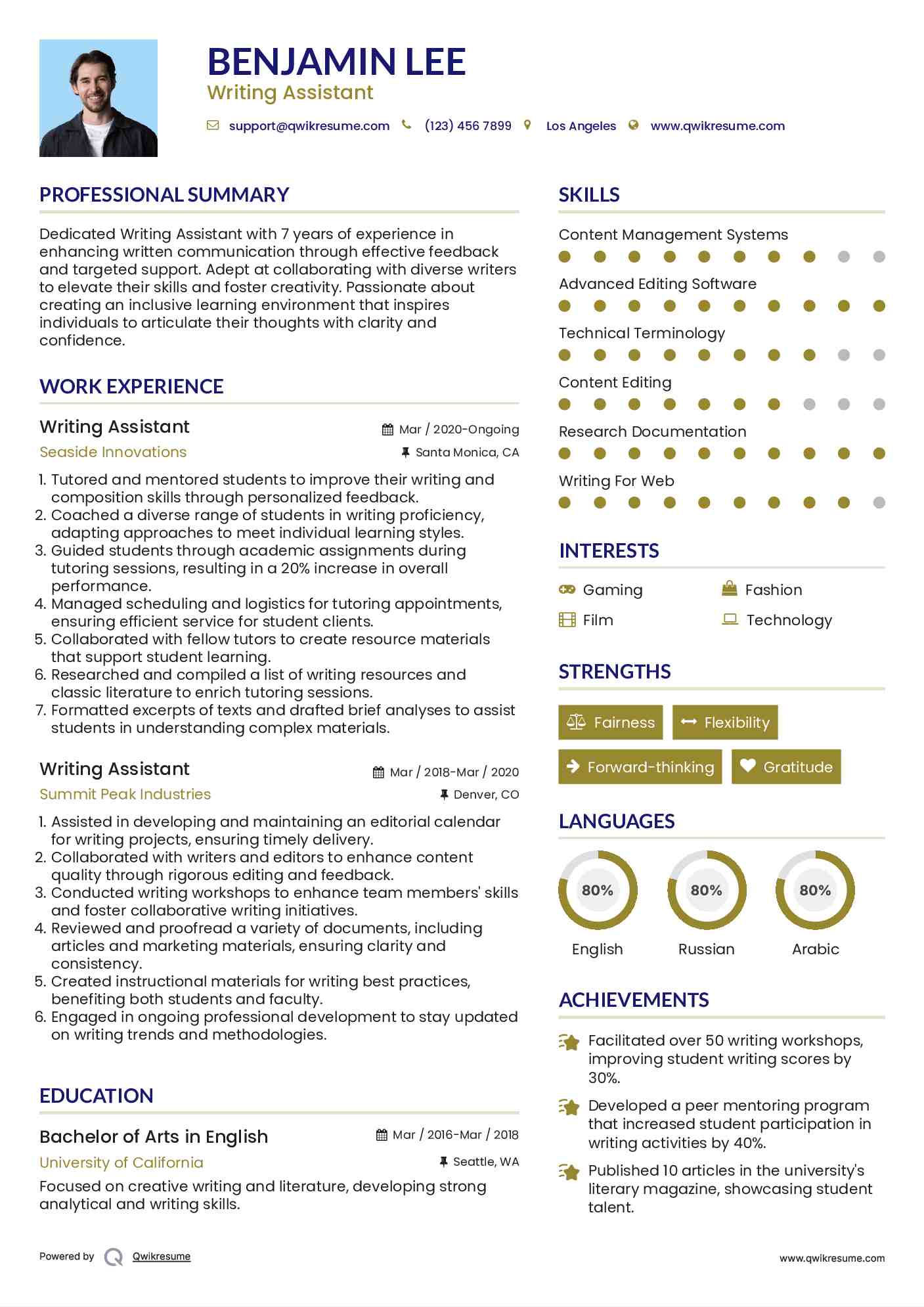 Writing Assistant Resume Format