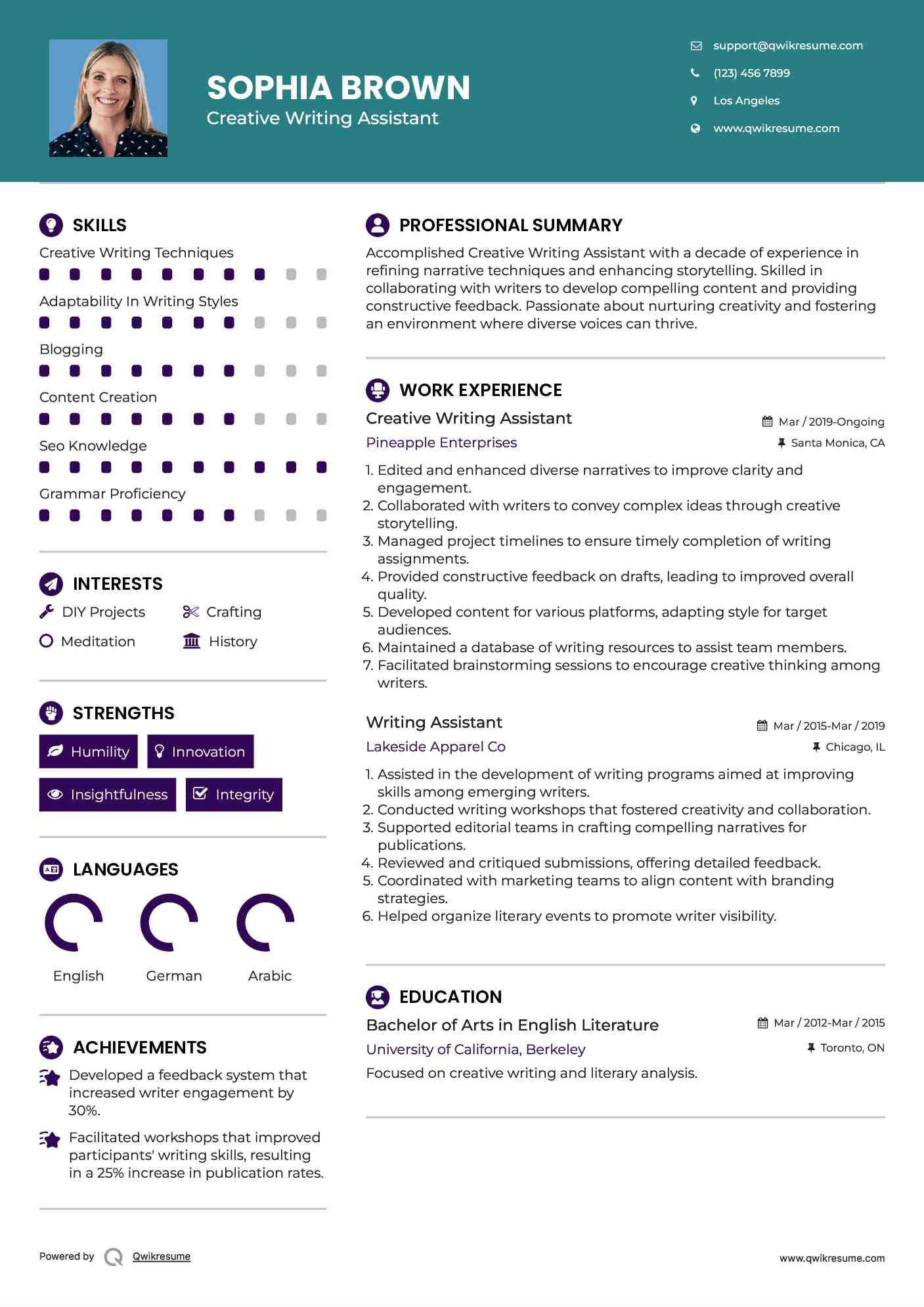 Creative Writing Assistant Resume Model