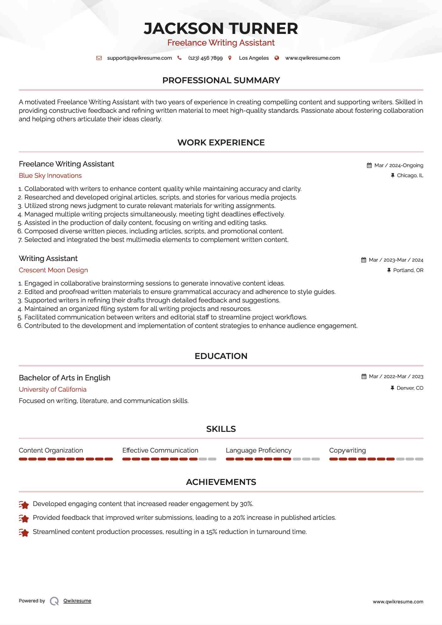 Freelance Writing Assistant Resume Sample
