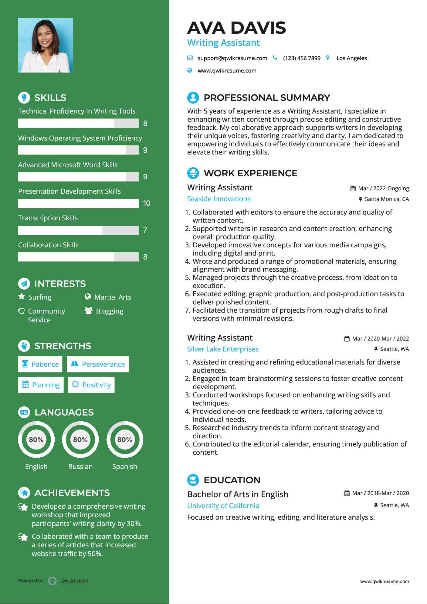 Writing Assistant Resume Template
