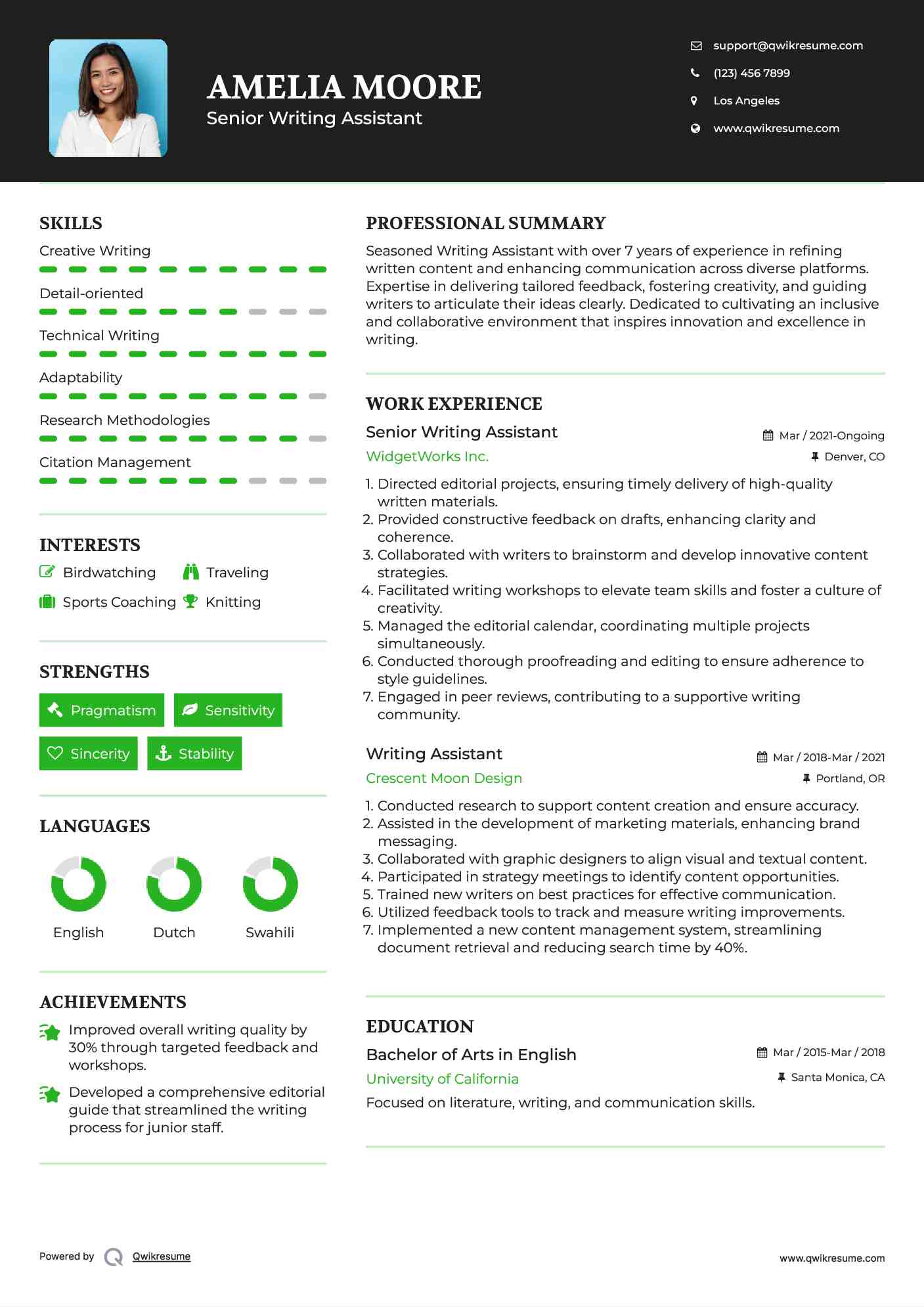 Senior Writing Assistant Resume Format