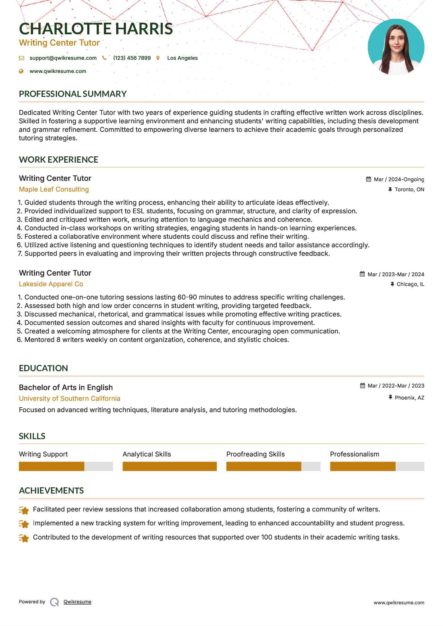 Writing Center Tutor Resume Sample