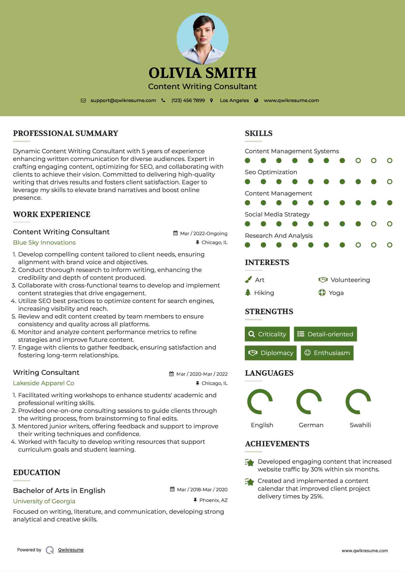 Content Writing Consultant Resume Sample