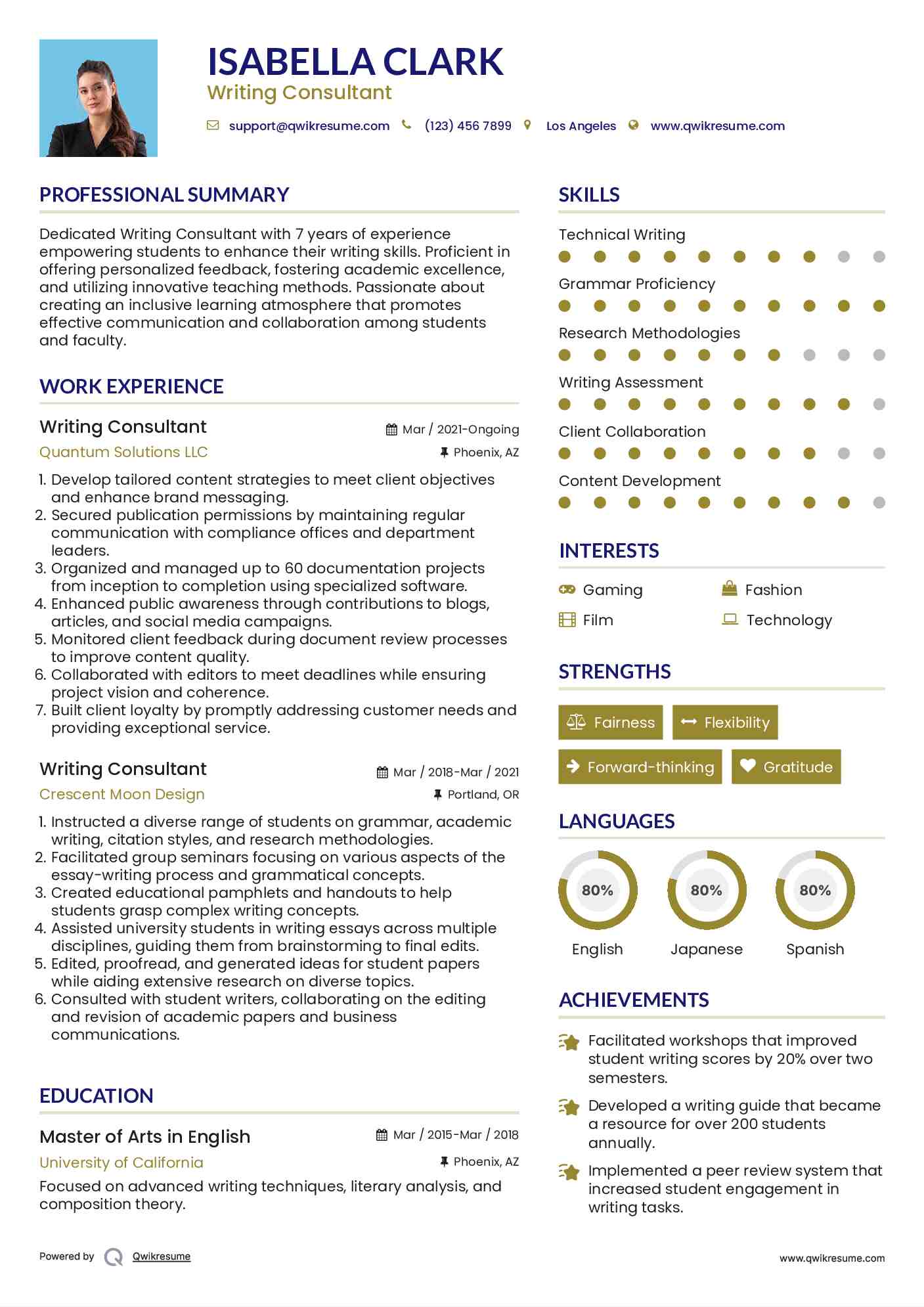 Writing Consultant Resume Format