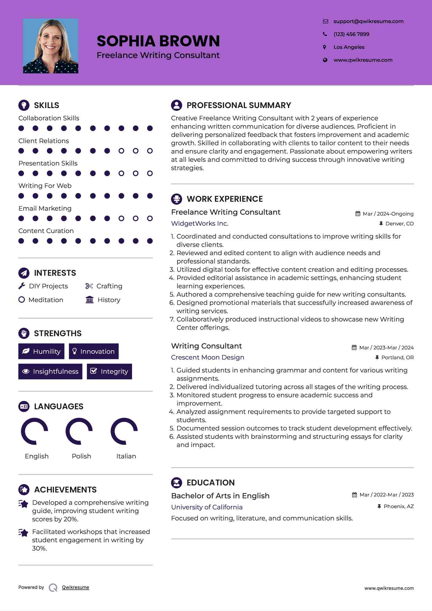Freelance Writing Consultant Resume Sample